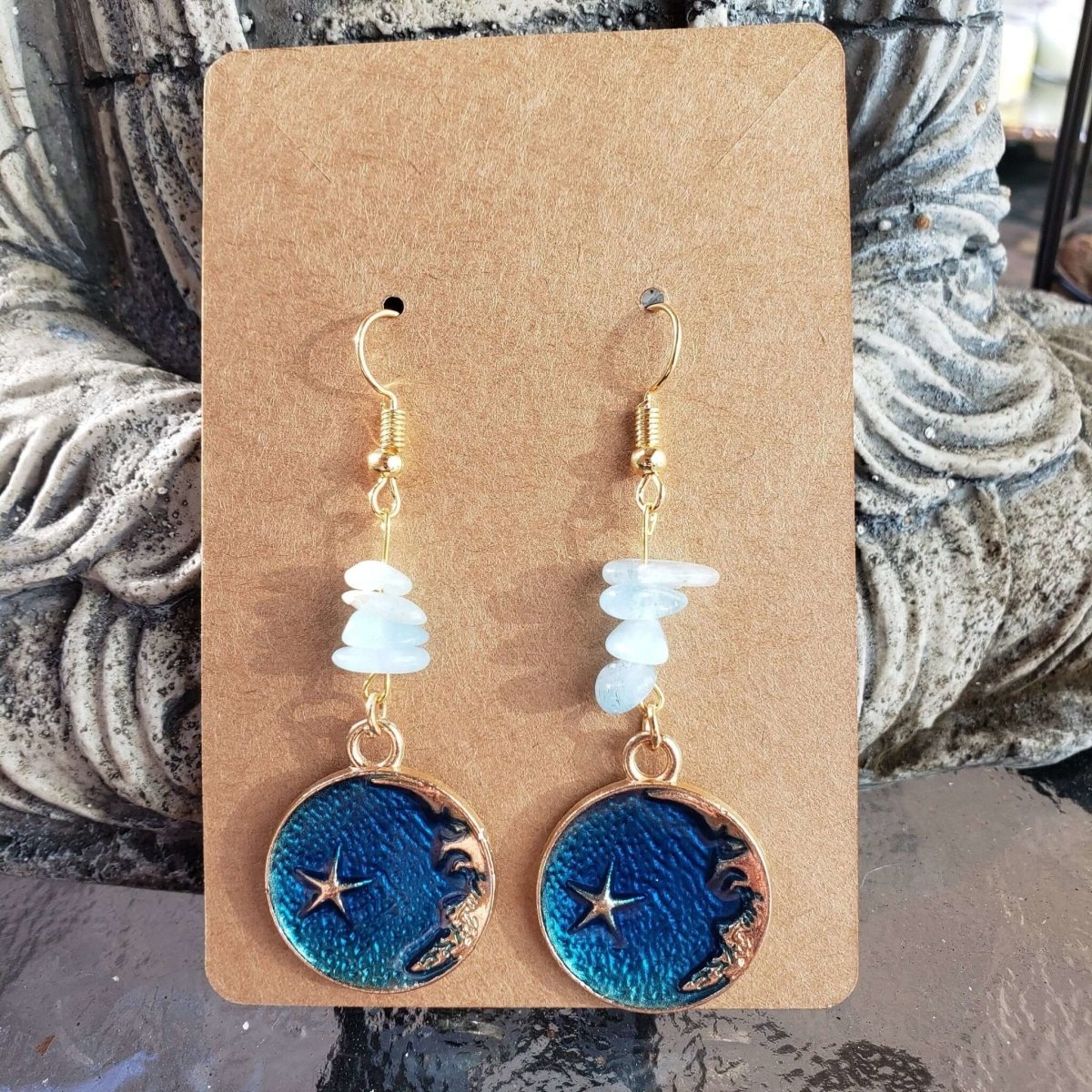 Crystal Earrings ,Stacked Stone Drop Earrings |Charm and Crystal Moon Earrings ,Witch Jewelry, Healing Crystal Energy -