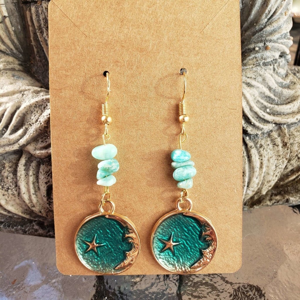 Crystal Earrings ,Stacked Stone Drop Earrings |Charm and Crystal Moon Earrings ,Witch Jewelry, Healing Crystal Energy -