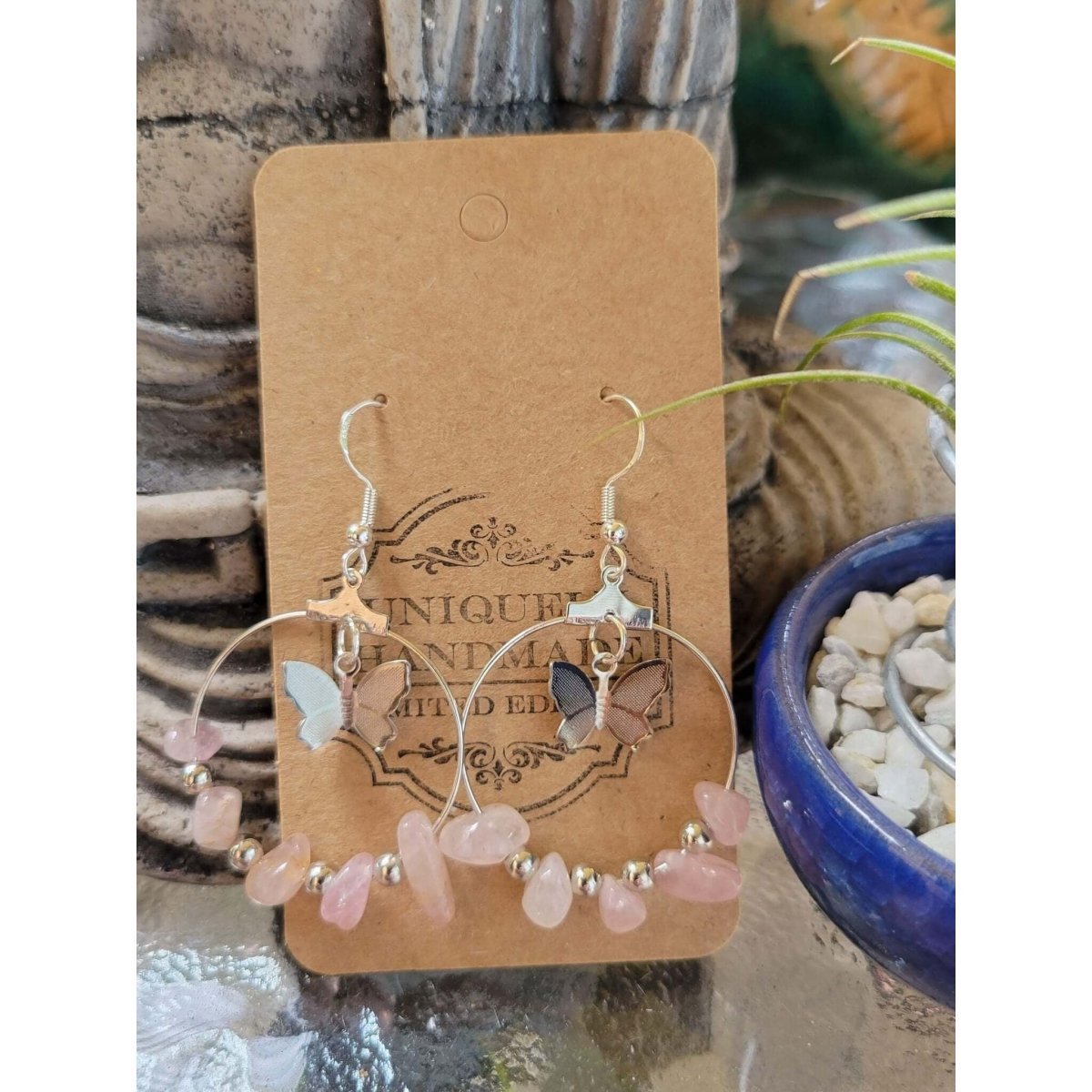 Crystal Earrings ,Stone Earrings with Butterfly | Bohemian Style Hoop Earrings , Jewelry, Healing Crystal Energy -