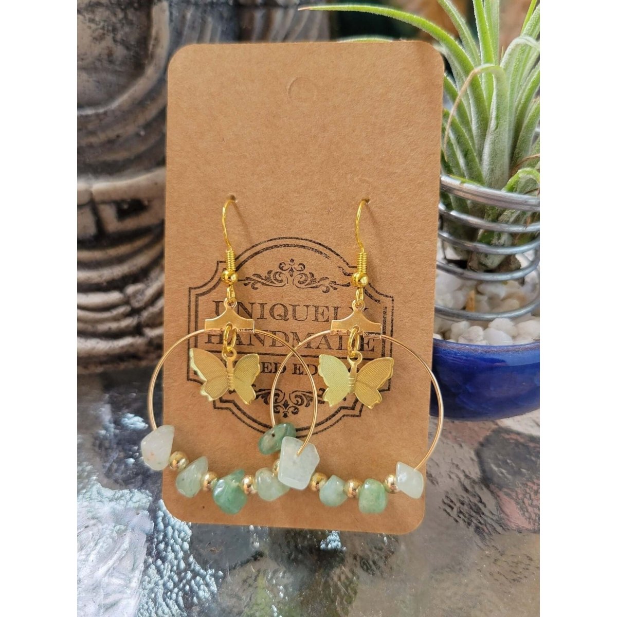 Crystal Earrings ,Stone Earrings with Butterfly | Bohemian Style Hoop Earrings , Jewelry, Healing Crystal Energy -