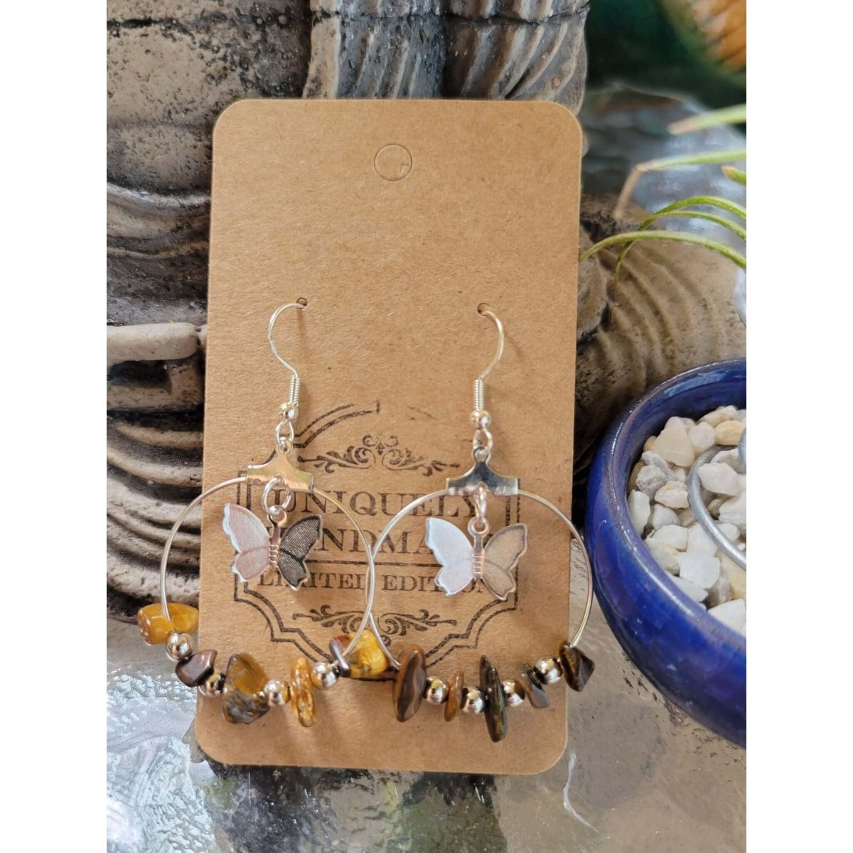 Crystal Earrings ,Stone Earrings with Butterfly | Bohemian Style Hoop Earrings , Jewelry, Healing Crystal Energy -