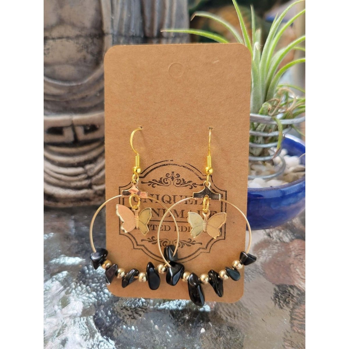 Crystal Earrings ,Stone Earrings with Butterfly | Bohemian Style Hoop Earrings , Jewelry, Healing Crystal Energy -