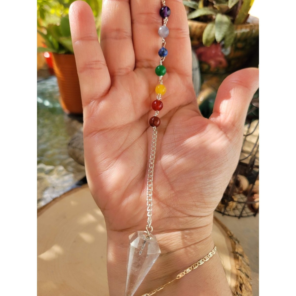 Crystal Quartz Pendulum with 7 Chakras Stones in the Chain -