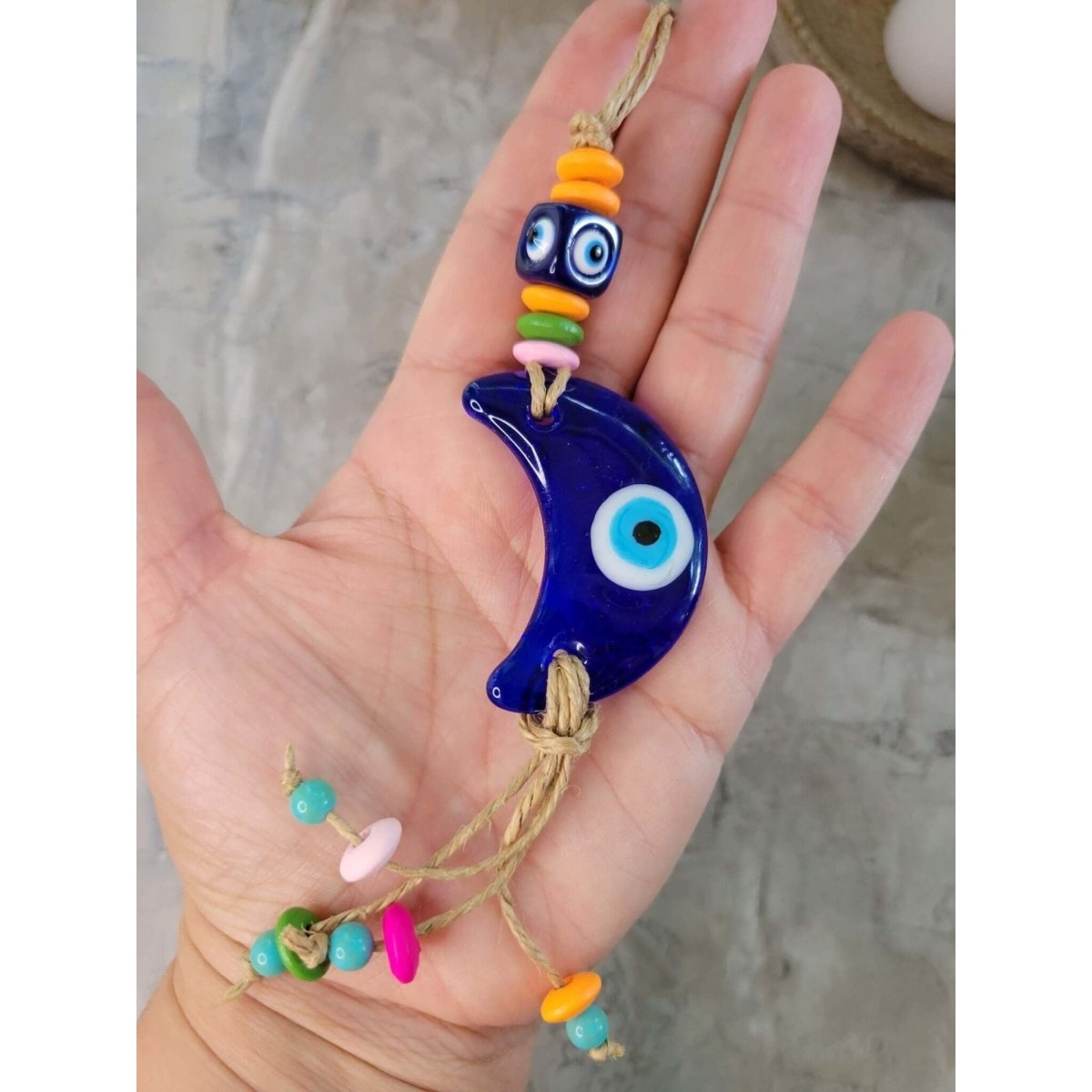 Evil Eye Talisman Hemp Rope w/ Beads Crescent Moon -Decor