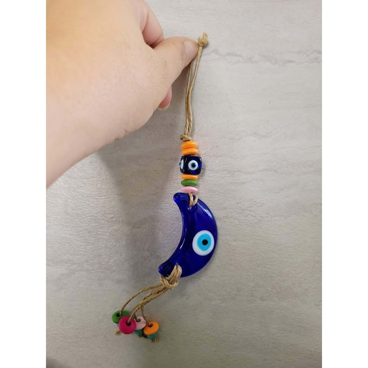 Evil Eye Talisman Hemp Rope w/ Beads Crescent Moon -Decor