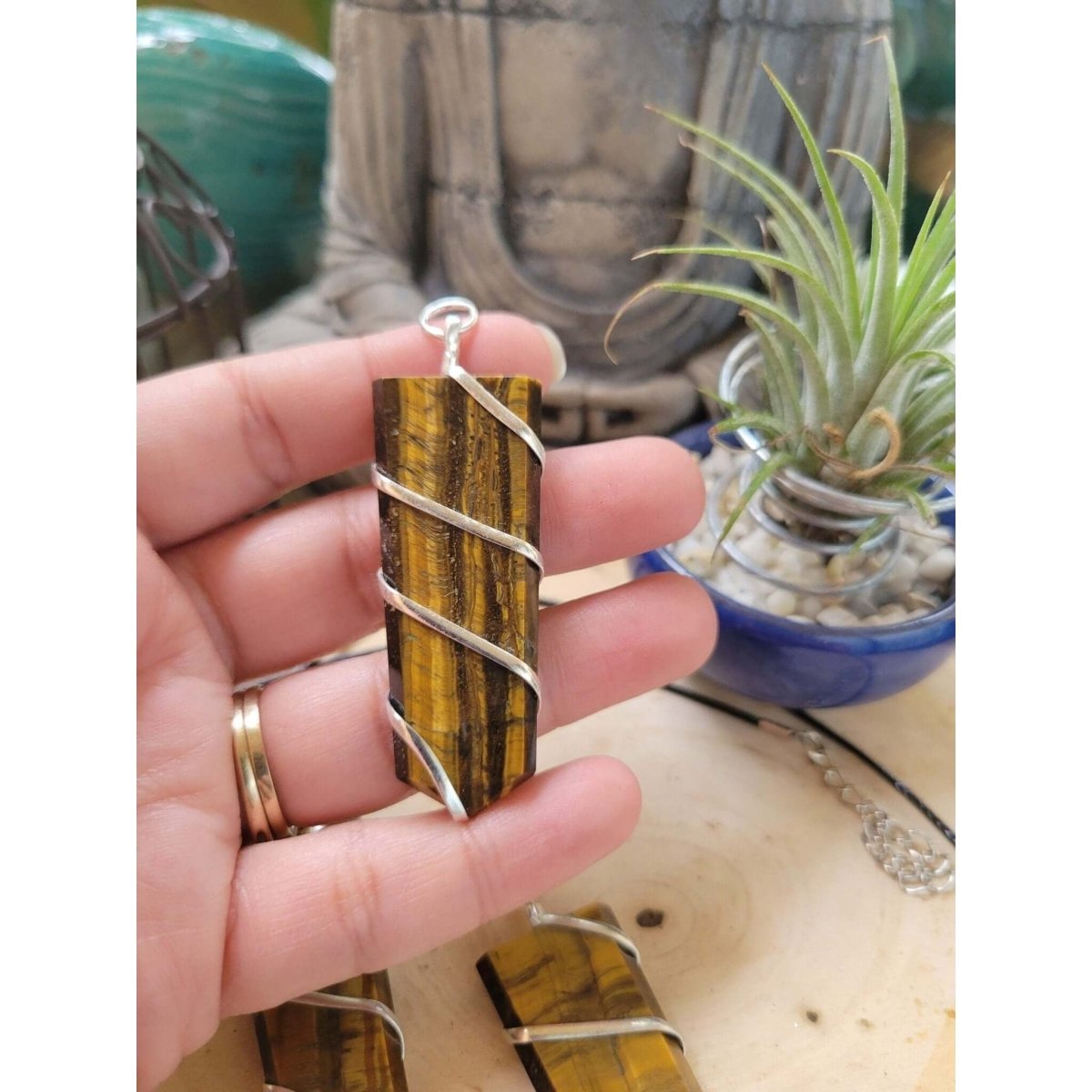 Flat Wire wrapped pendant Tiger Eye with Cord -