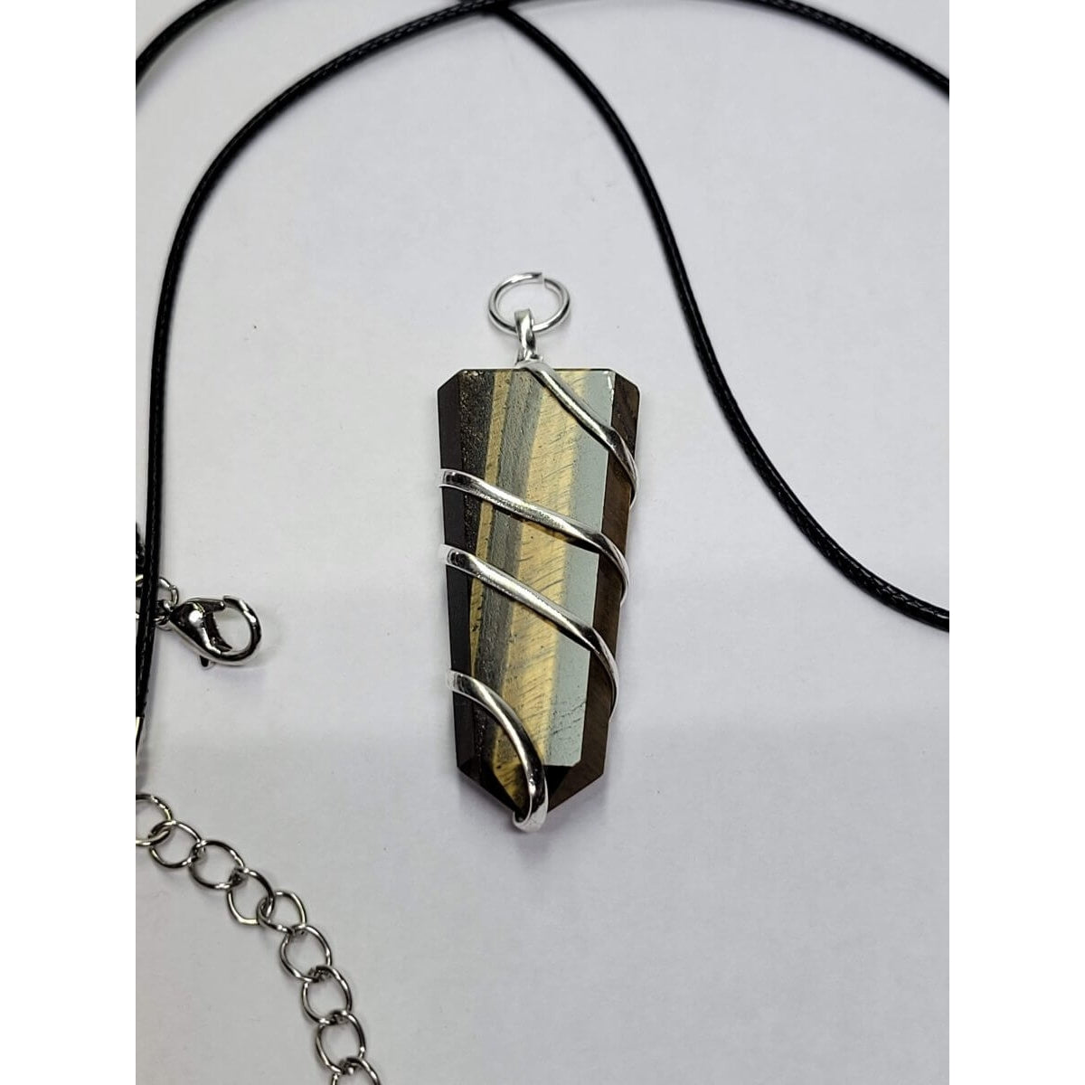 Flat Wire wrapped pendant Tiger Eye with Cord -