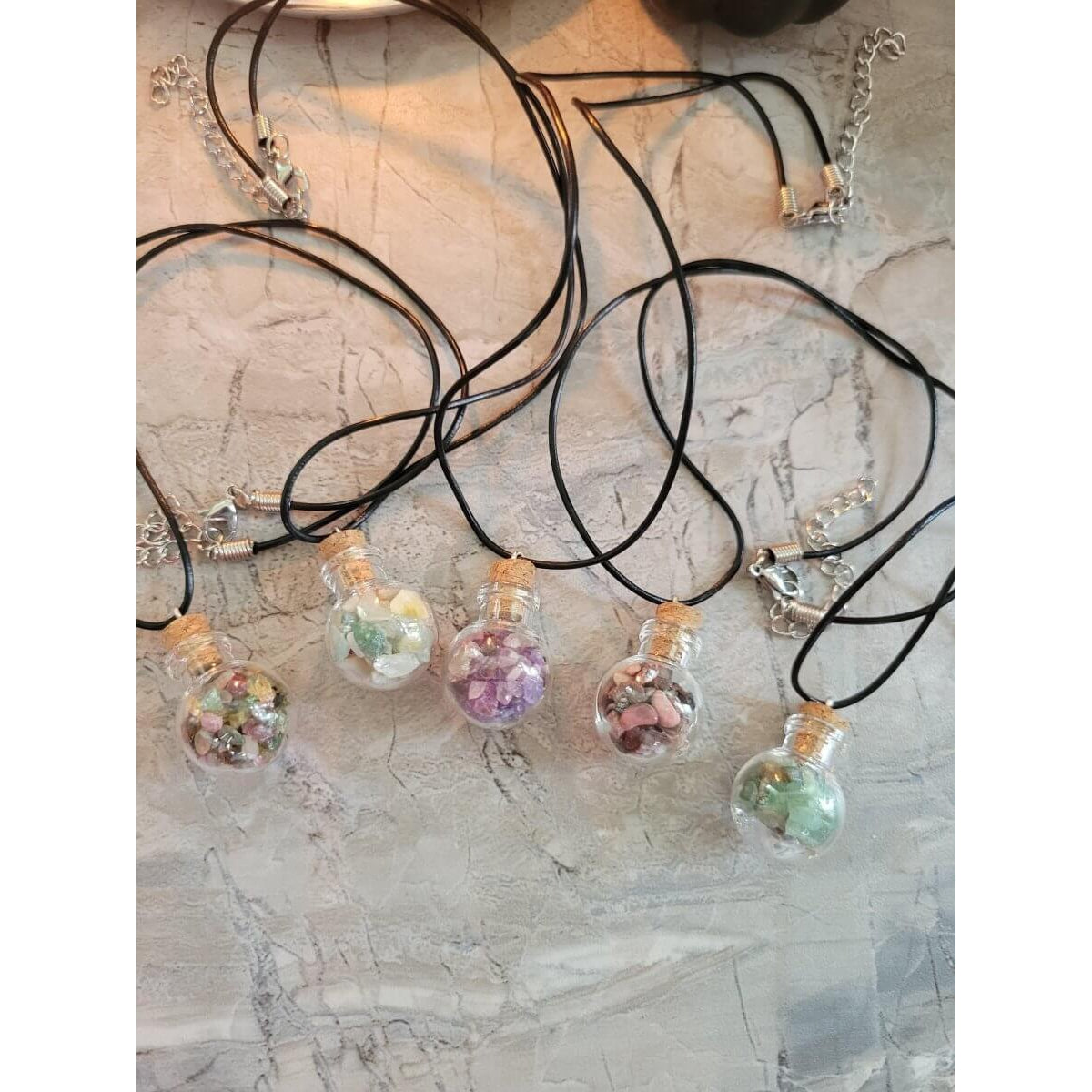 Glass Wishing Bottle Leather Cord Pendant Necklaces, with Natural Gemstone Chip Beads -