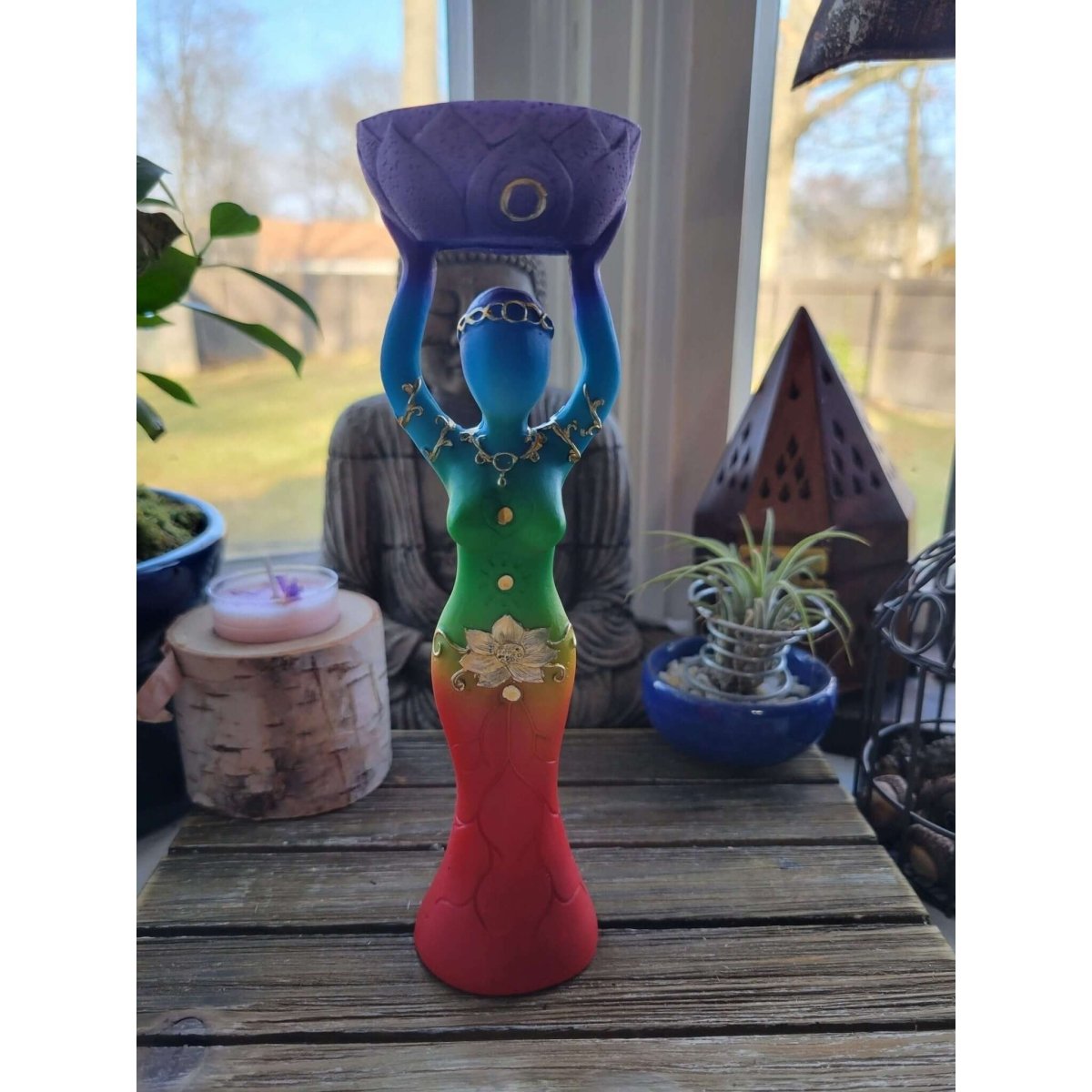 Goddess Seven Chakras Color Candle Holder /Polyresin T-Light Holder Nurturing Goddess/Altar Decoration -Candle Holders