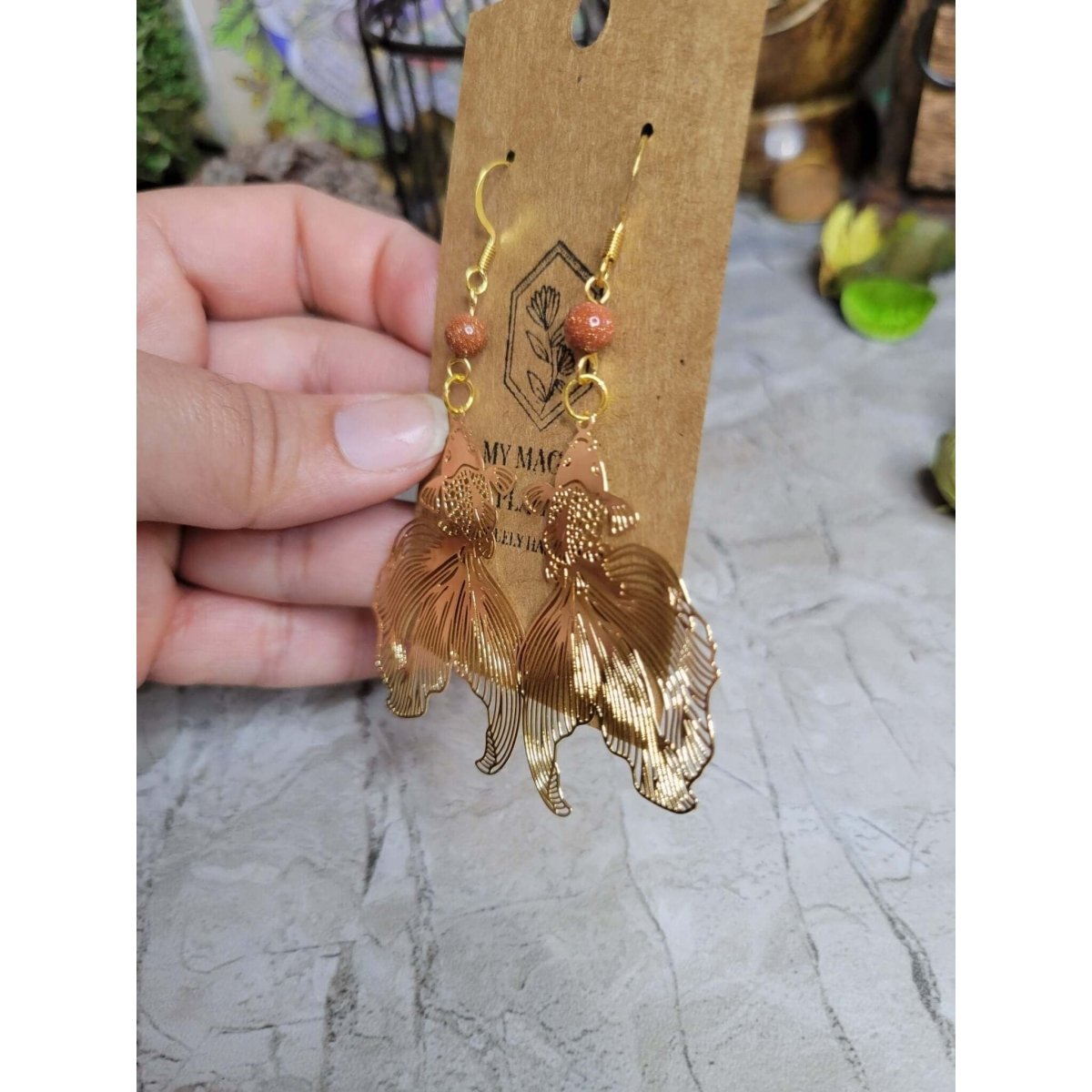 Goldstone and Gold fish color Earrings / Abundance Jewelry -Earrings