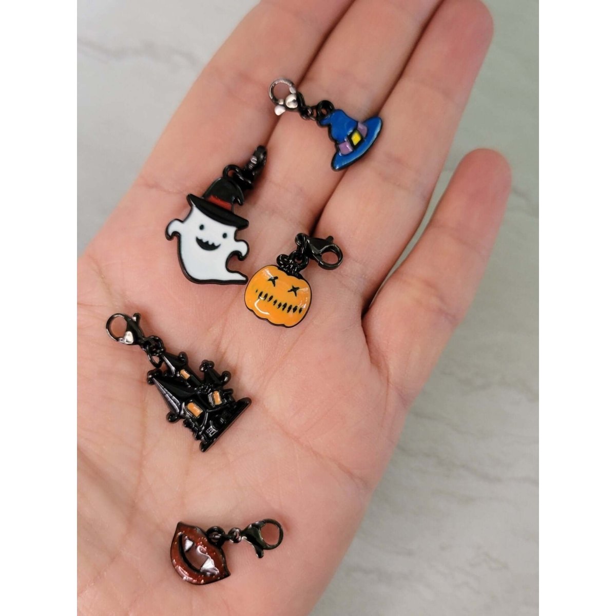 Halloween Theme Alloy Enamel Pendants Set, Stainless Steel Lobster Claw Clasps 5 Pendants Set -Charms & Pendants