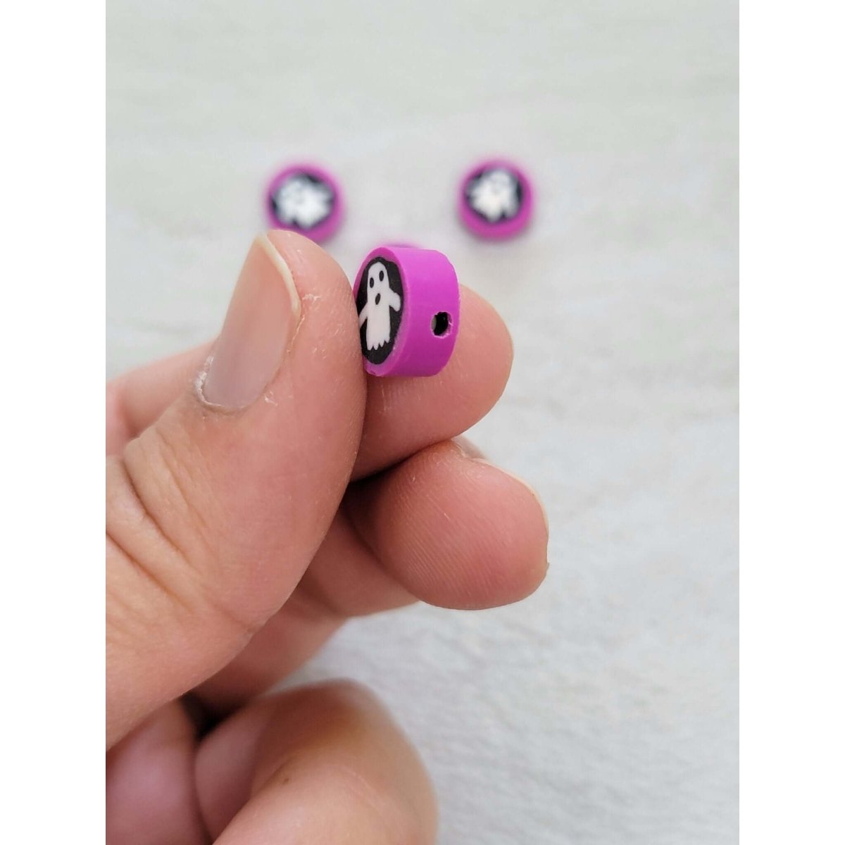 Halloween Theme Handmade Polymer Clay Beads, Flat Round with Ghost -Jewelry Making Kits