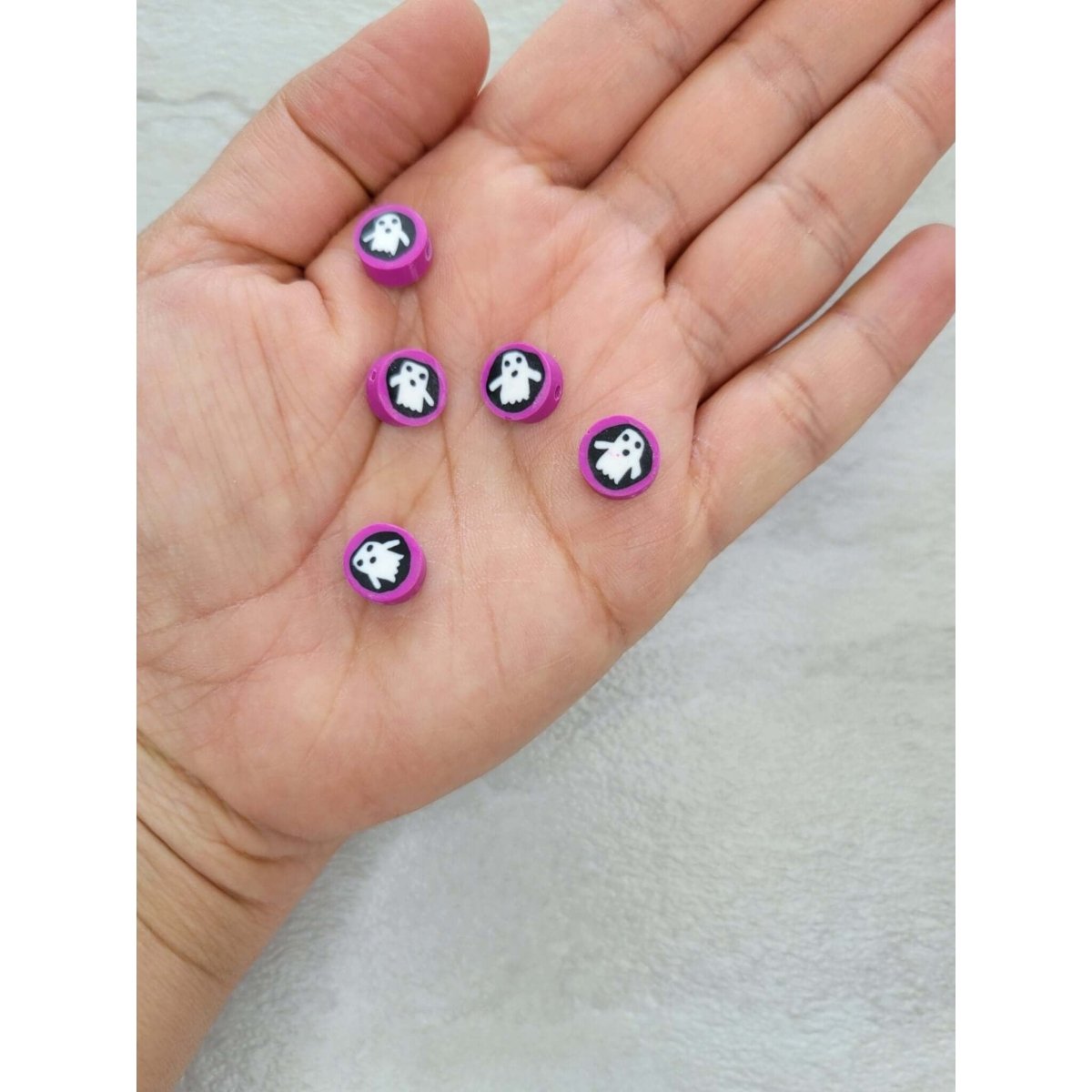 Halloween Theme Handmade Polymer Clay Beads, Flat Round with Ghost -Jewelry Making Kits