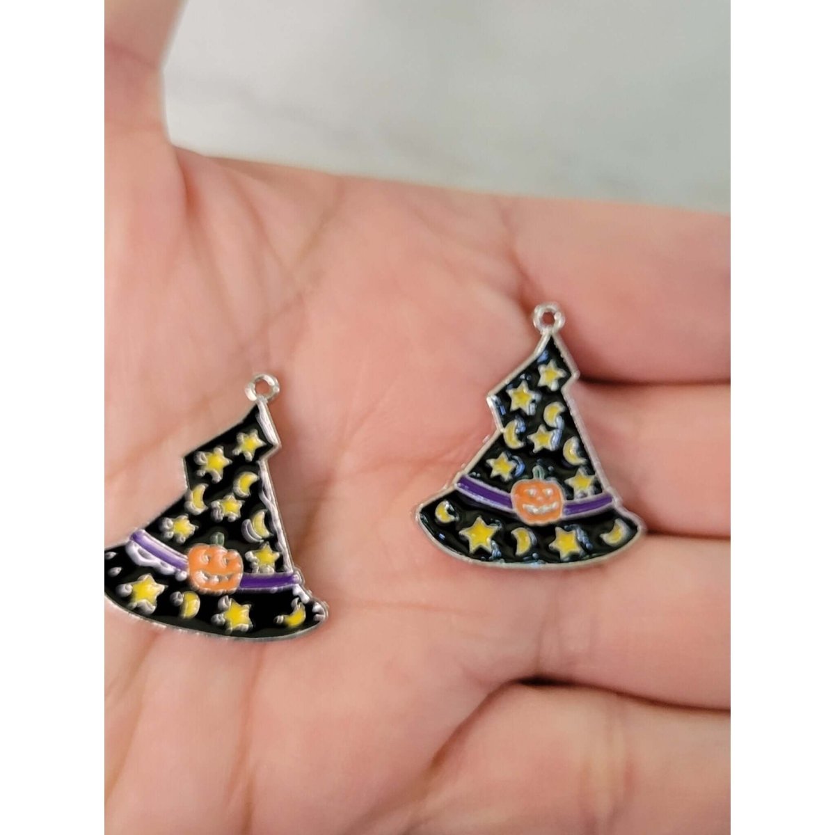 Halloween Theme Witch Hat Alloy Enamel Pendants, Magic Hat with Star and Moon & Pumpkin Pattern -Charms & Pendants