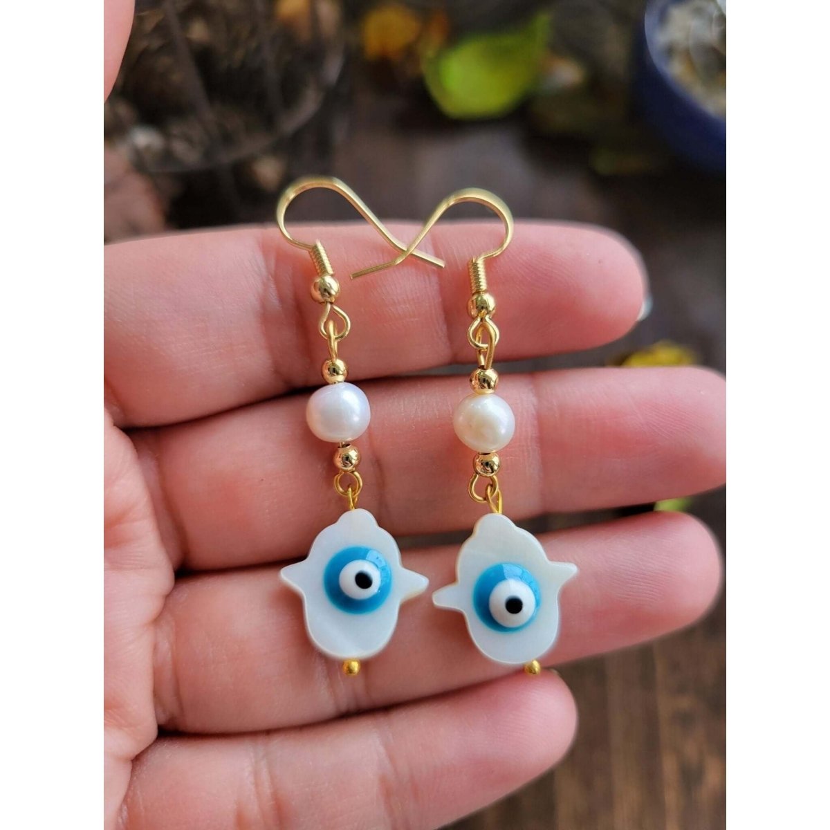 Hamsa Hand with Evil Eye Dangle Earrings, with Natural Freshwater Shell Beads, Pearl Beads -