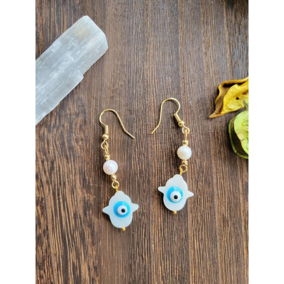 Hamsa Hand with Evil Eye Dangle Earrings, with Natural Freshwater Shell Beads, Pearl Beads -