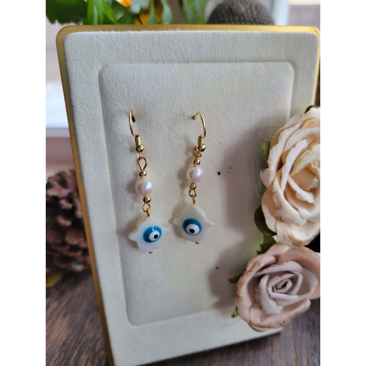 Hamsa Hand with Evil Eye Dangle Earrings, with Natural Freshwater Shell Beads, Pearl Beads -