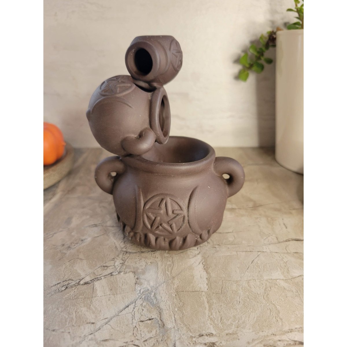 Handmade ceramic cauldron Triple Moon Back Flow Incense Burner for Meditation, altar decoration -