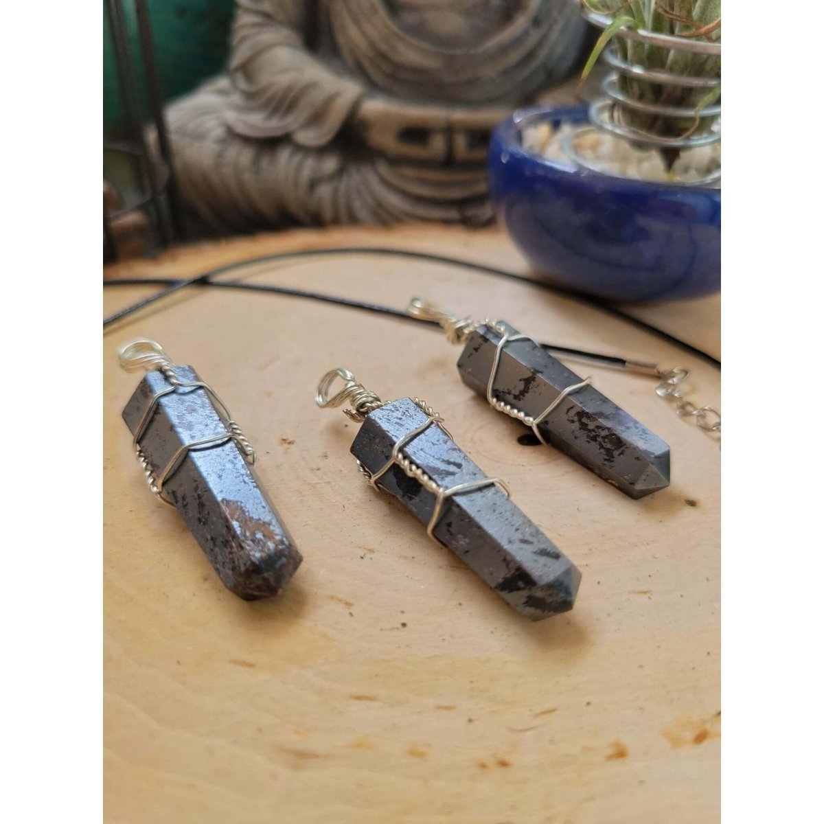 Hematite wire Wrapped Pendant with Cord -