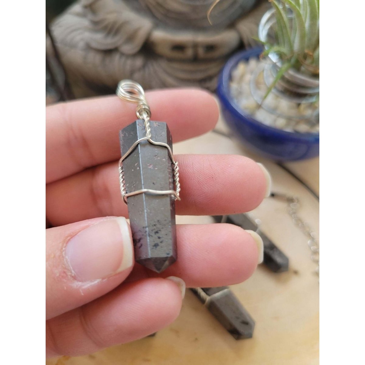 Hematite wire Wrapped Pendant with Cord -