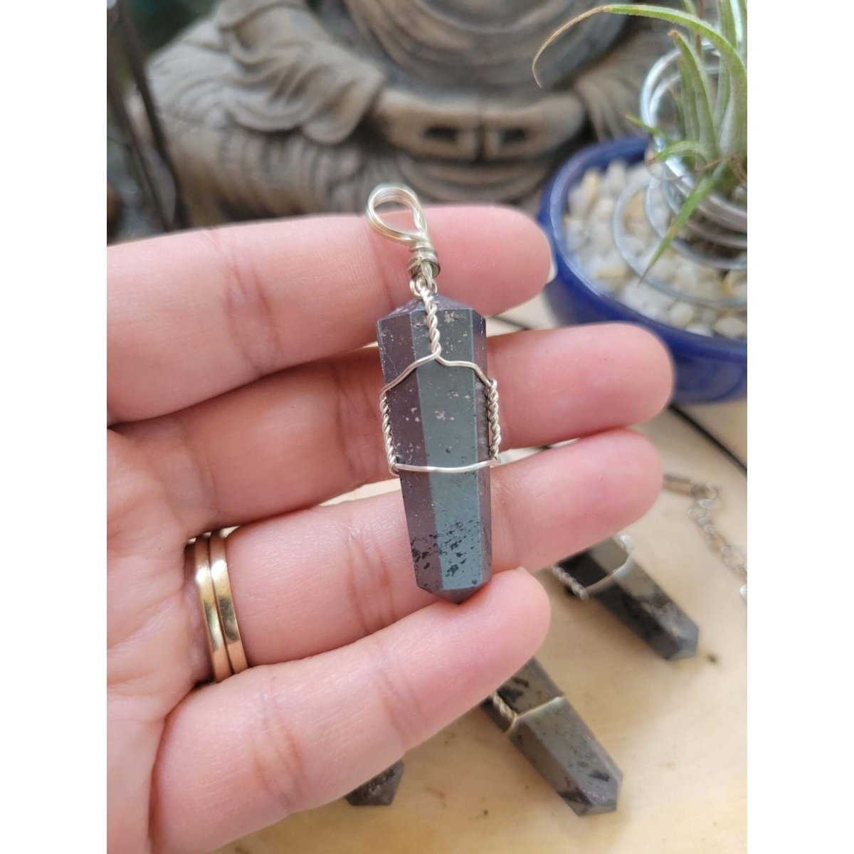 Hematite wire Wrapped Pendant with Cord -