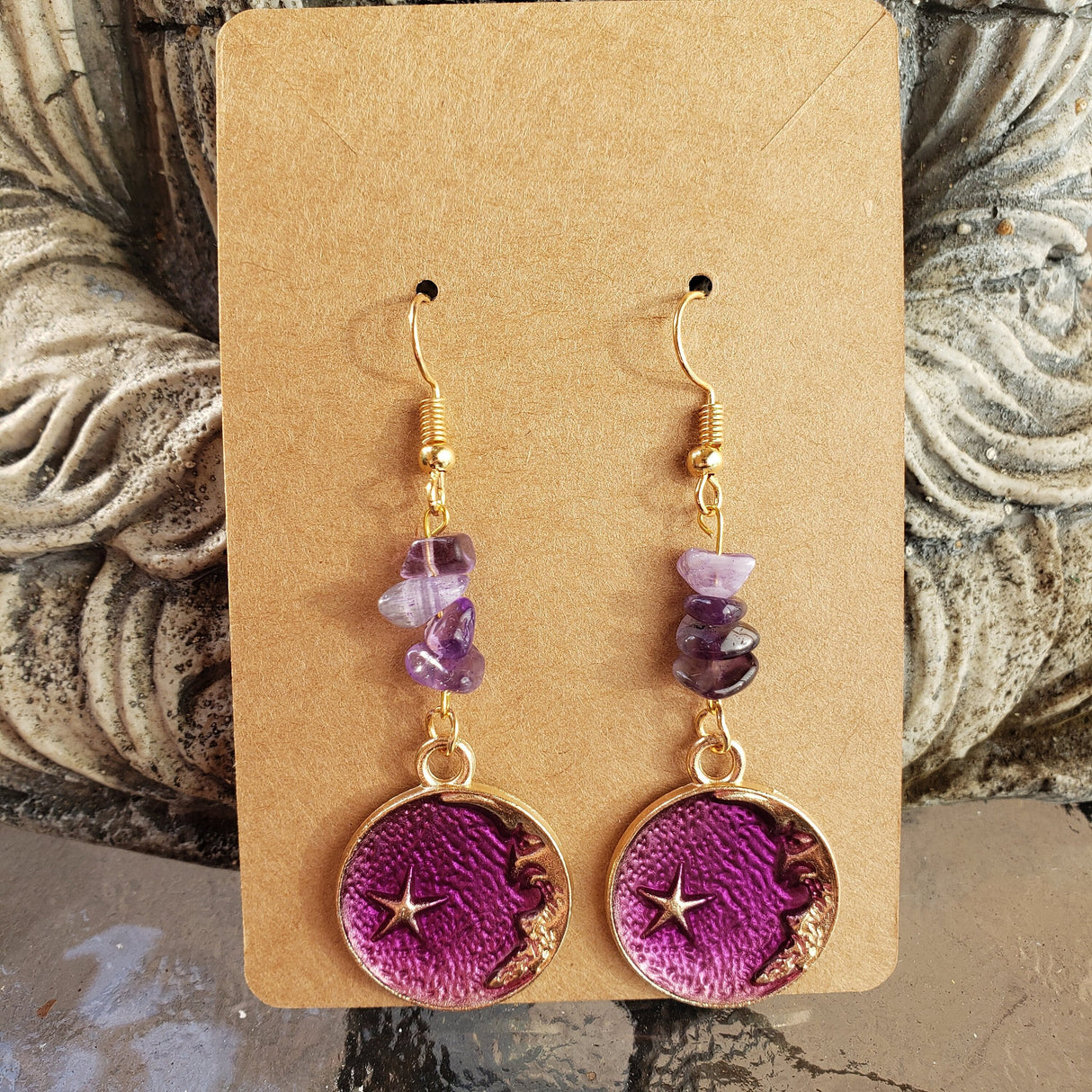 Crystal Earrings ,Stacked Stone Drop Earrings |Charm and Crystal Moon Earrings ,Witch Jewelry, Crystal Energy