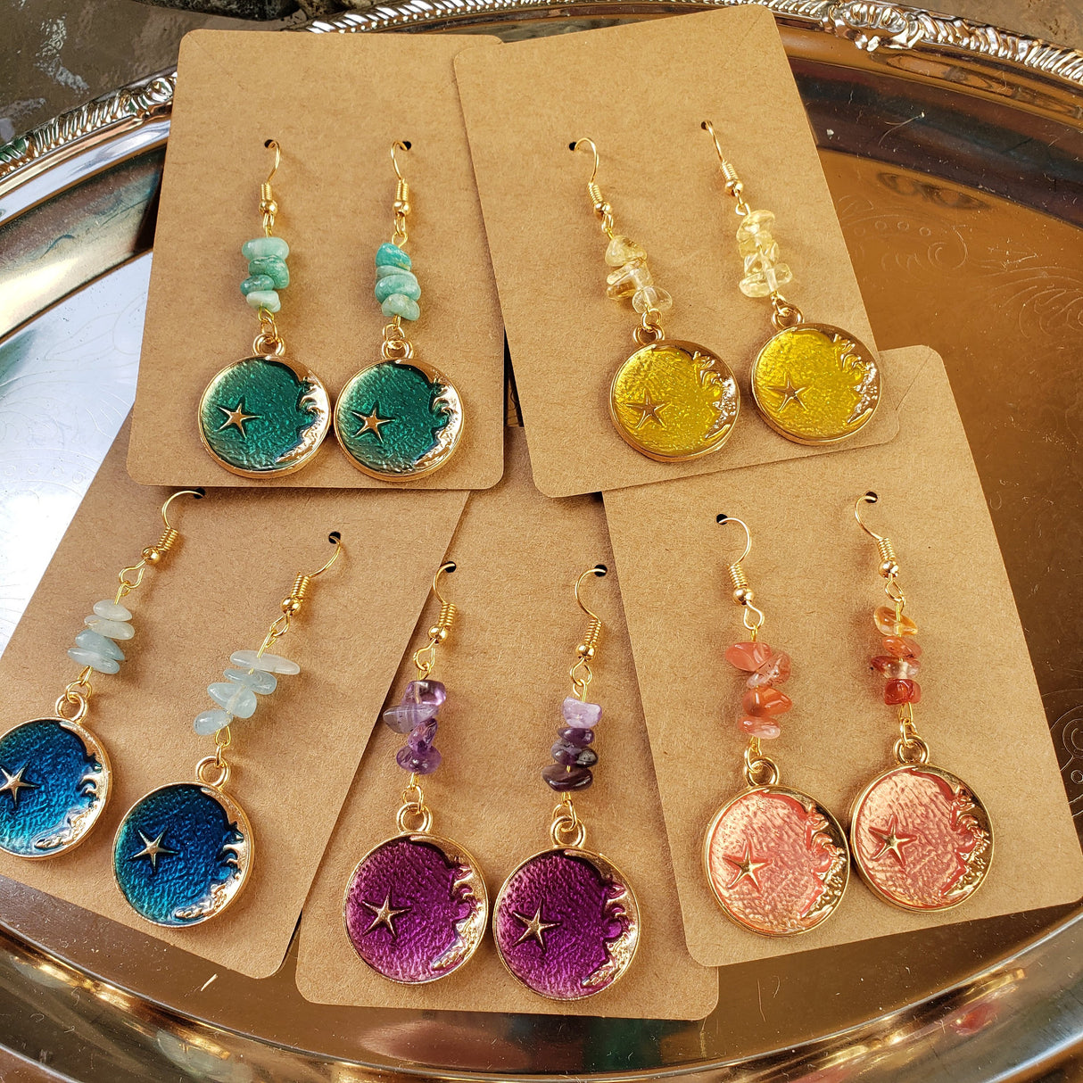 Crystal Earrings ,Stacked Stone Drop Earrings |Charm and Crystal Moon Earrings ,Witch Jewelry, Crystal Energy