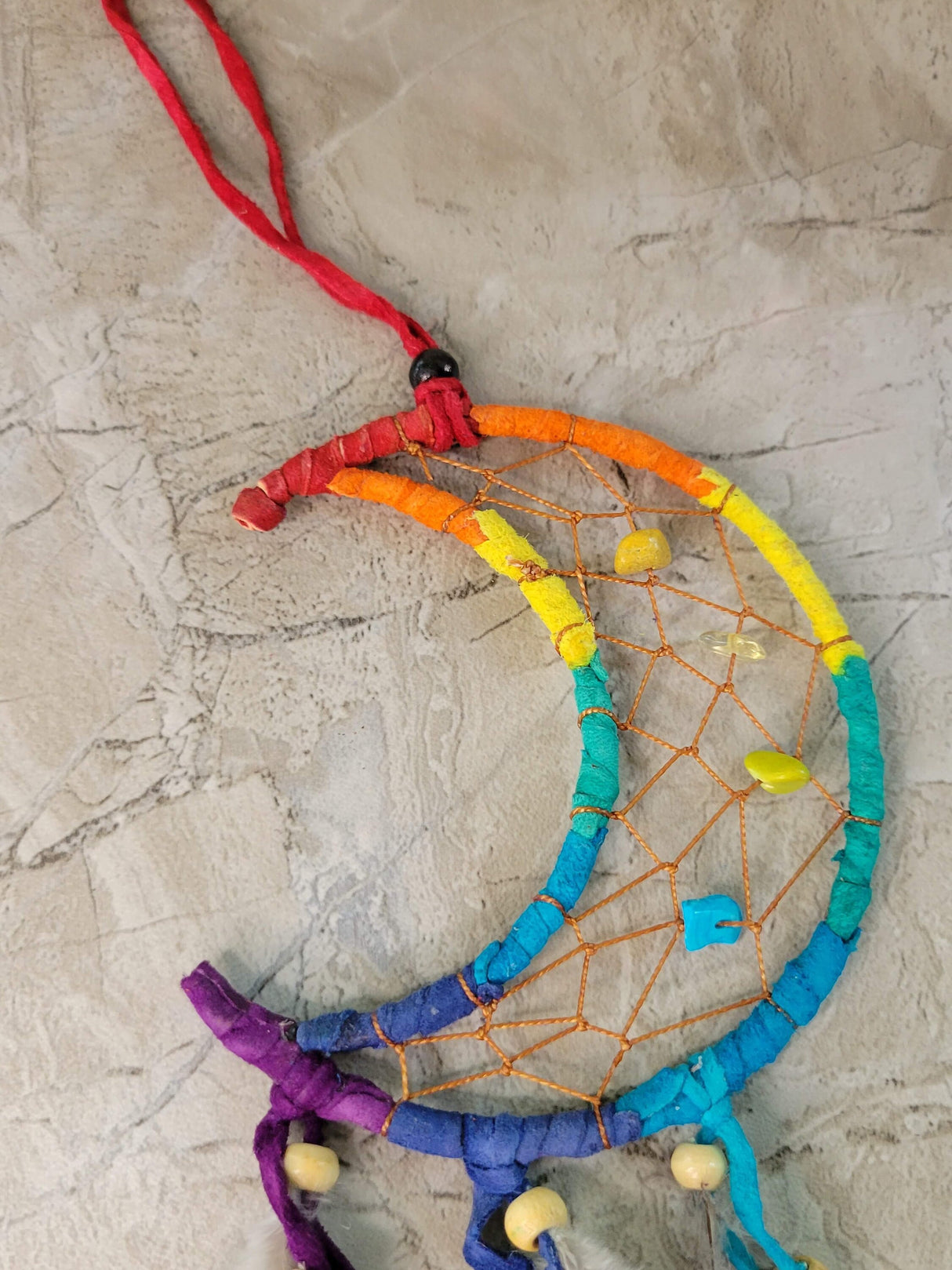 Crescent Moon Multi-Colored Dreamcatcher With Feathers & Beads