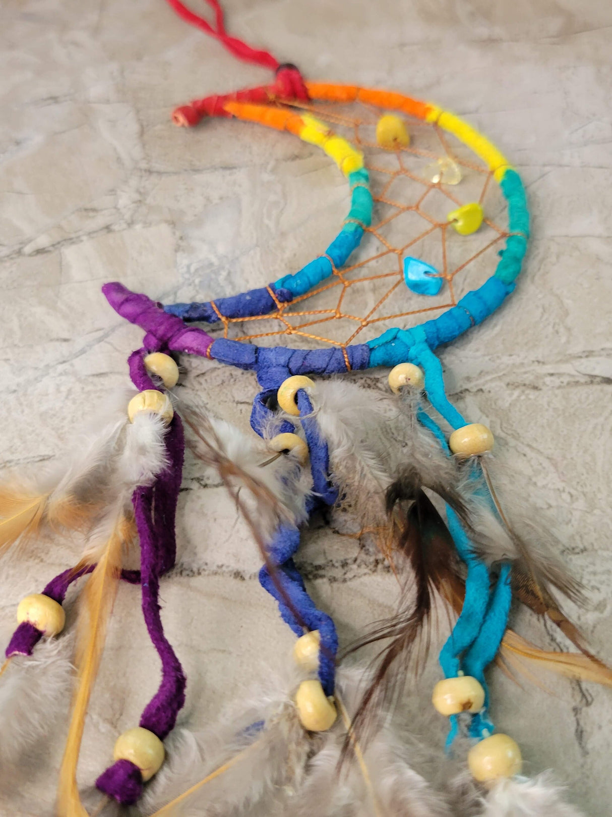 Crescent Moon Multi-Colored Dreamcatcher With Feathers & Beads