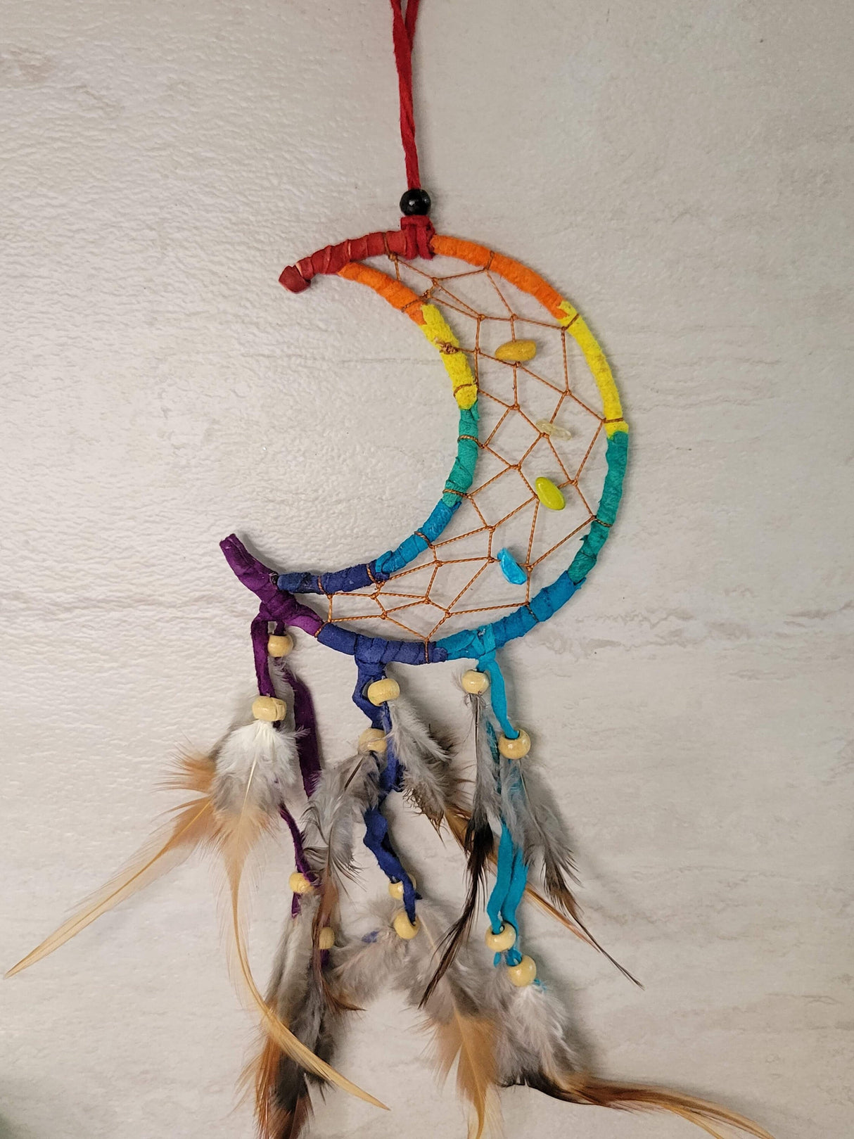 Crescent Moon Multi-Colored Dreamcatcher With Feathers & Beads