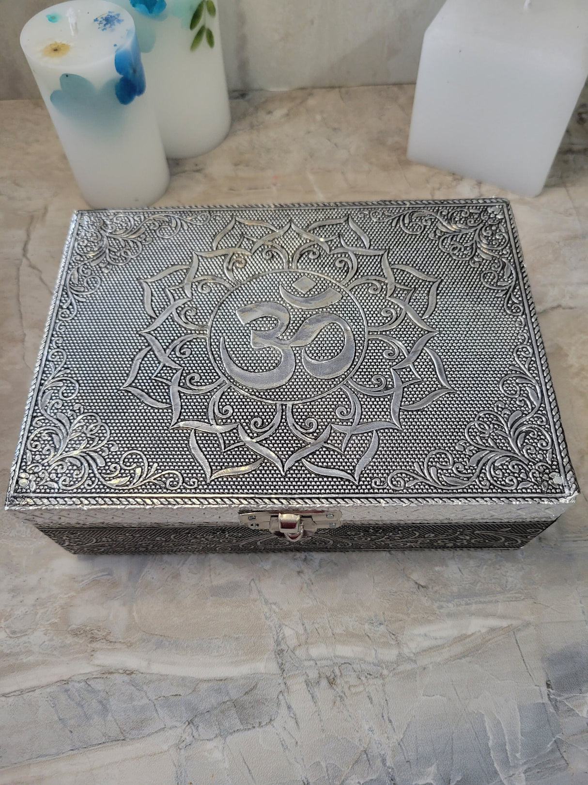 OM Carved Metal over Wood/ Tarot Box/ Altar Box