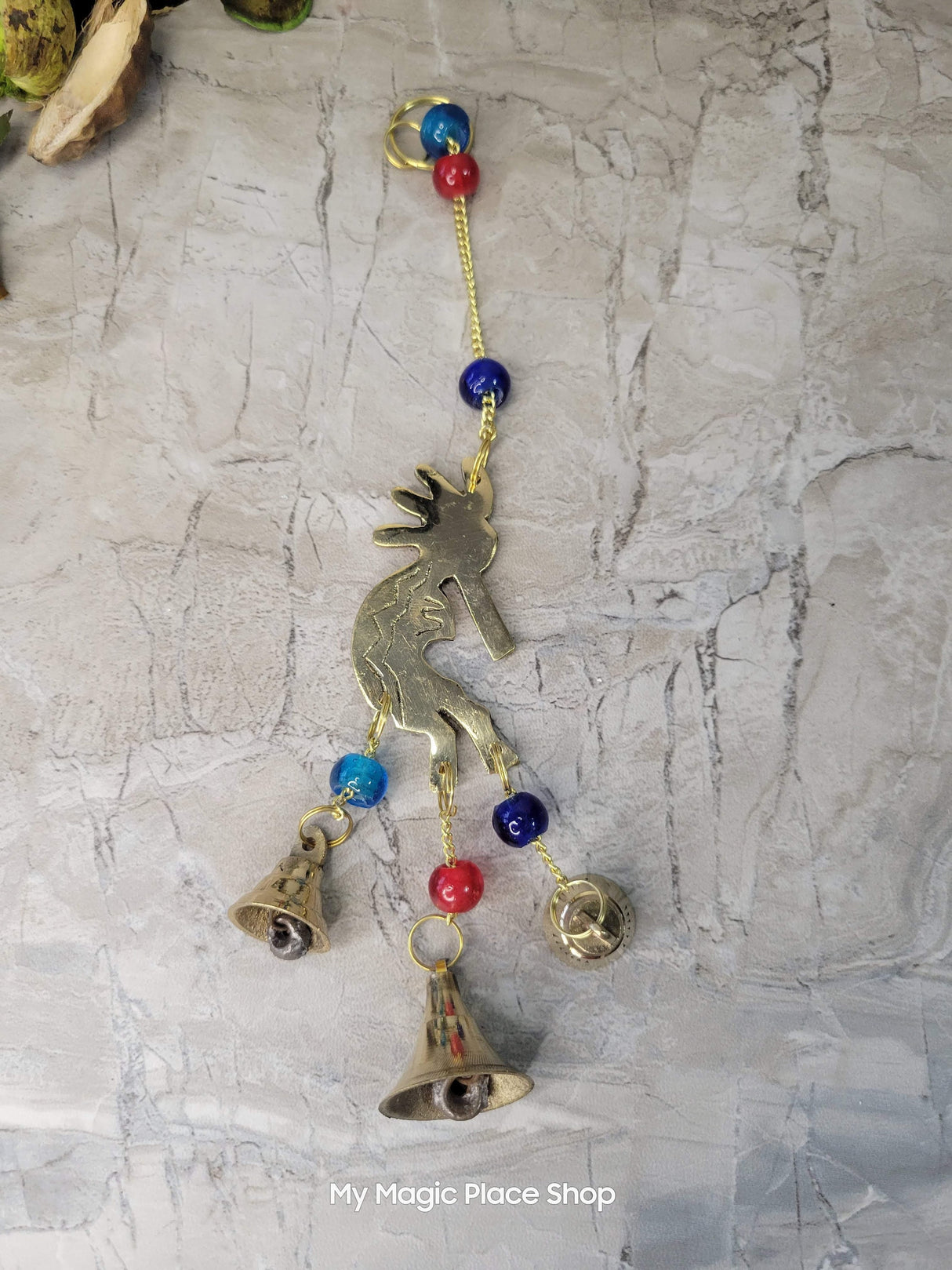 Handmade Kokopelli brass wind chime with bells and beads