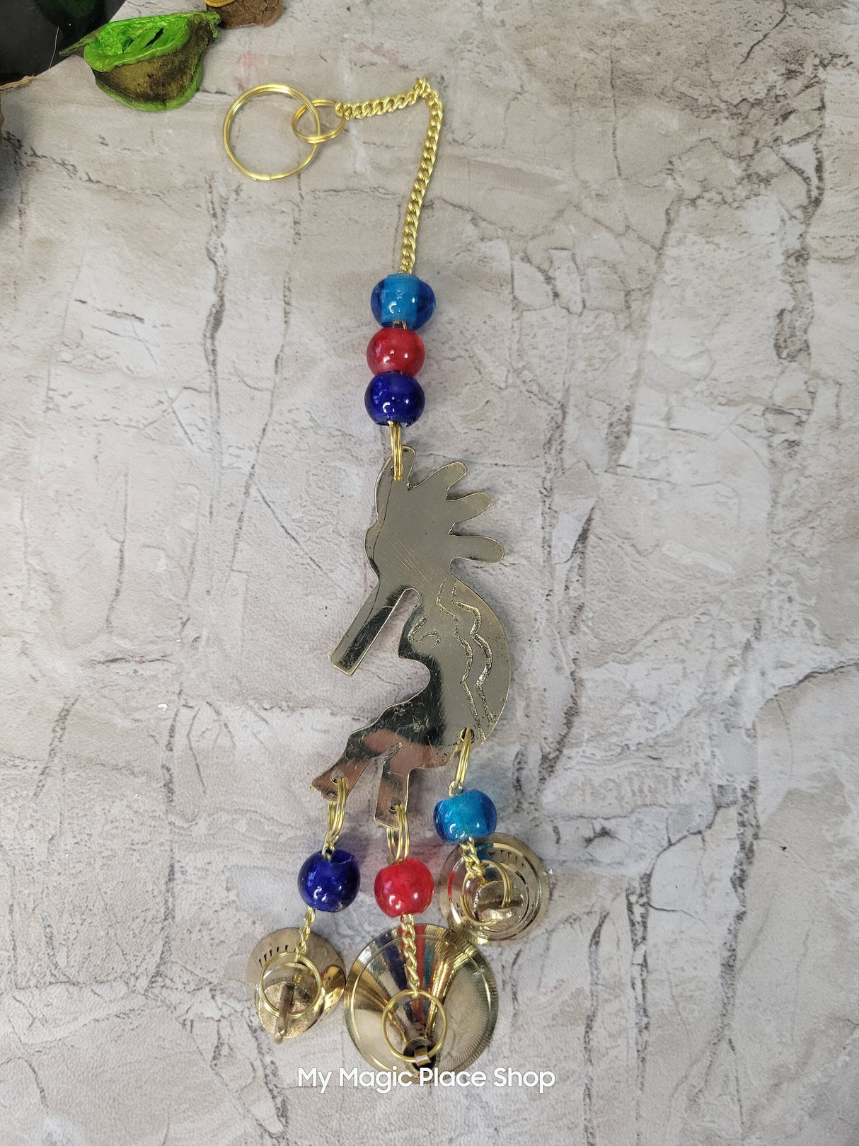Handmade Kokopelli brass wind chime with bells and beads