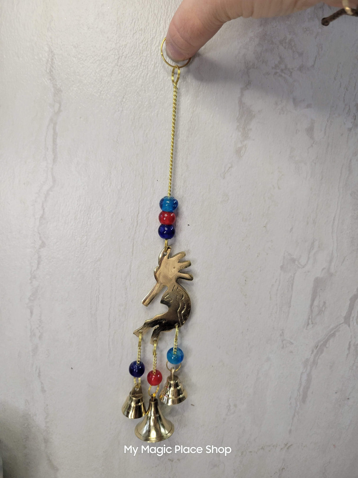 Handmade Kokopelli brass wind chime with bells and beads
