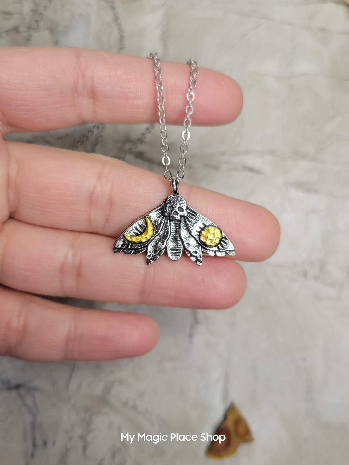 Moth skull with Moon and Sun Pendant Necklace, Gothic Jewelry , Antique Silver & Platinum