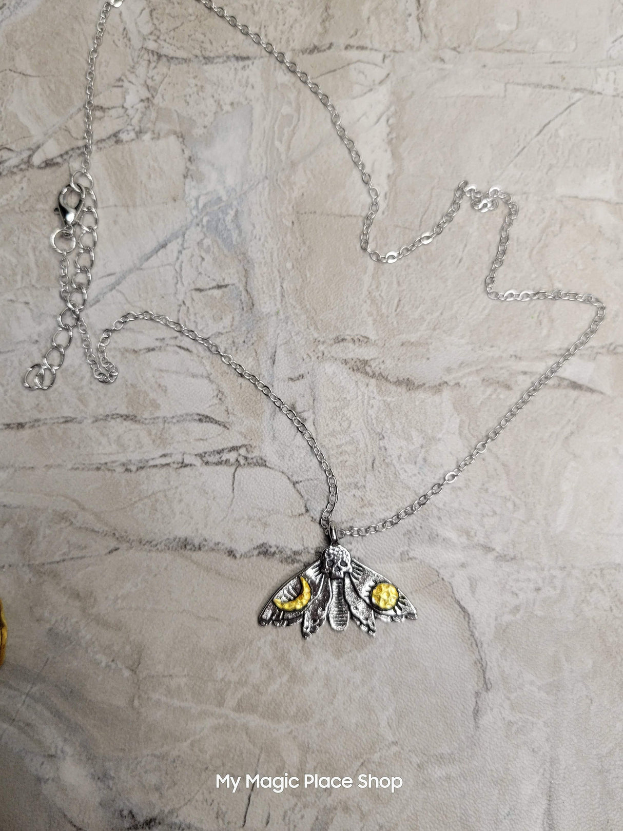 Moth skull with Moon and Sun Pendant Necklace, Gothic Jewelry , Antique Silver & Platinum