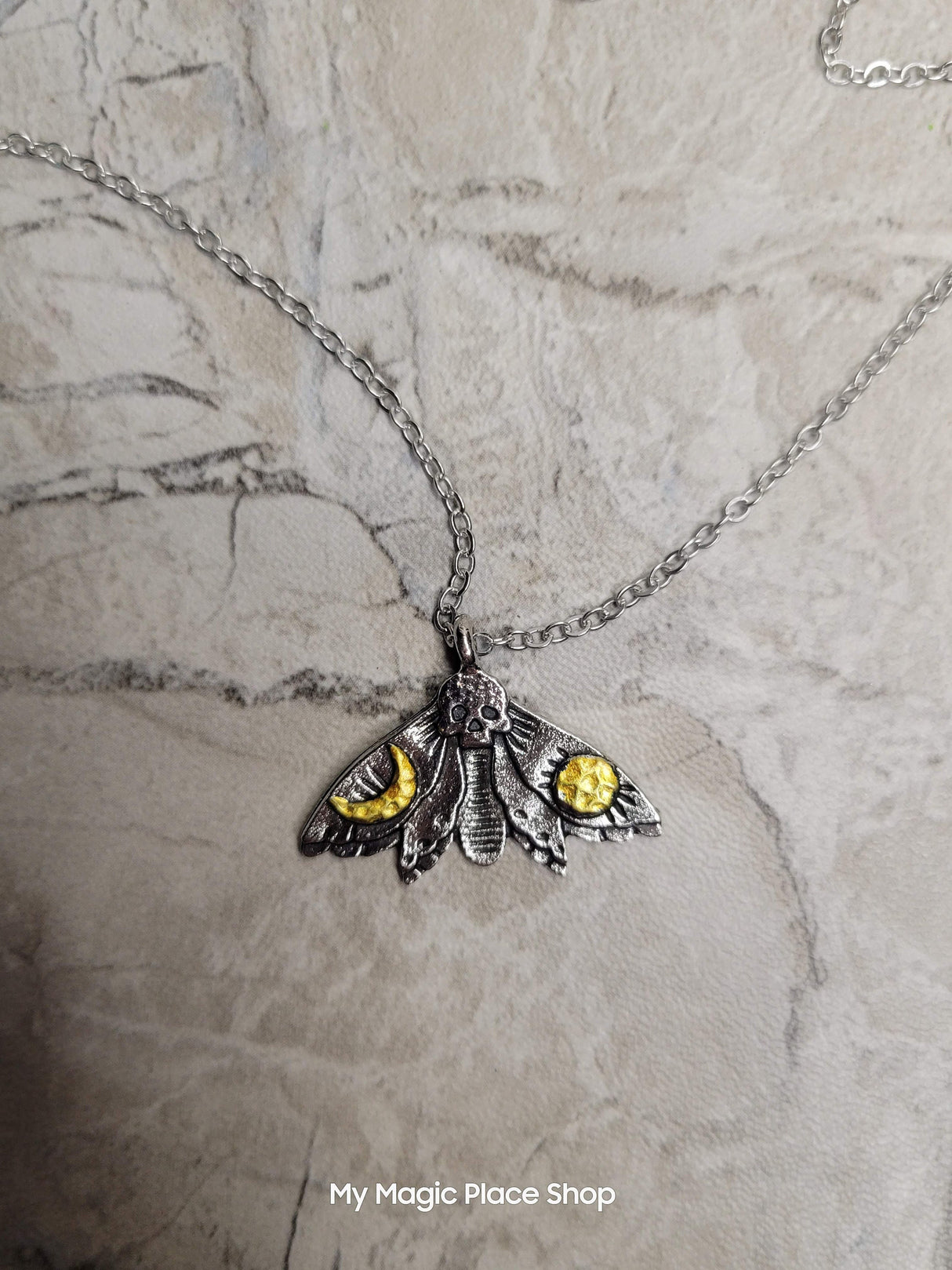 Moth skull with Moon and Sun Pendant Necklace, Gothic Jewelry , Antique Silver & Platinum