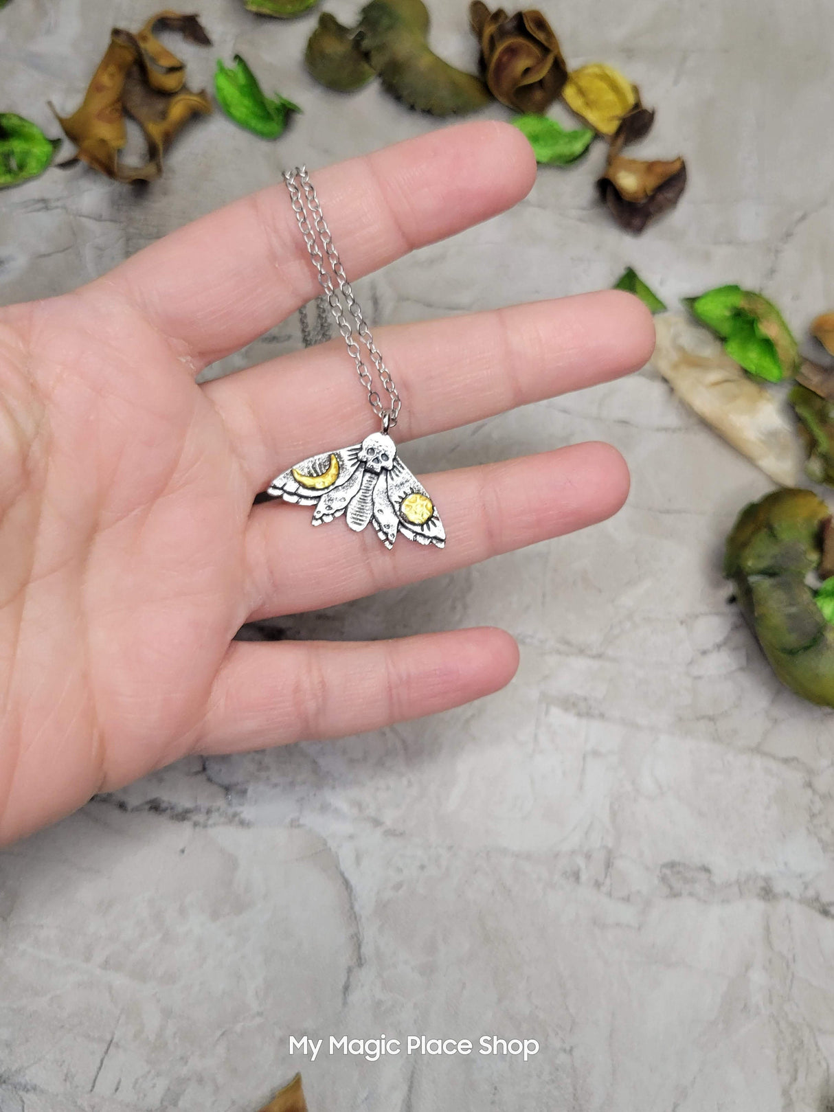 Moth skull with Moon and Sun Pendant Necklace, Gothic Jewelry , Antique Silver & Platinum