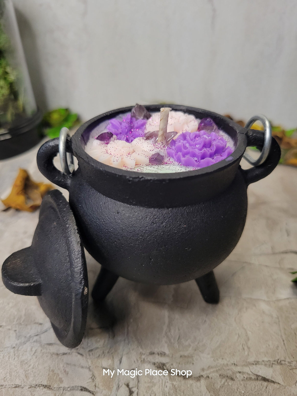 Ostara Cauldron with Flowers Soy candle, intention candle Sabbat Candle