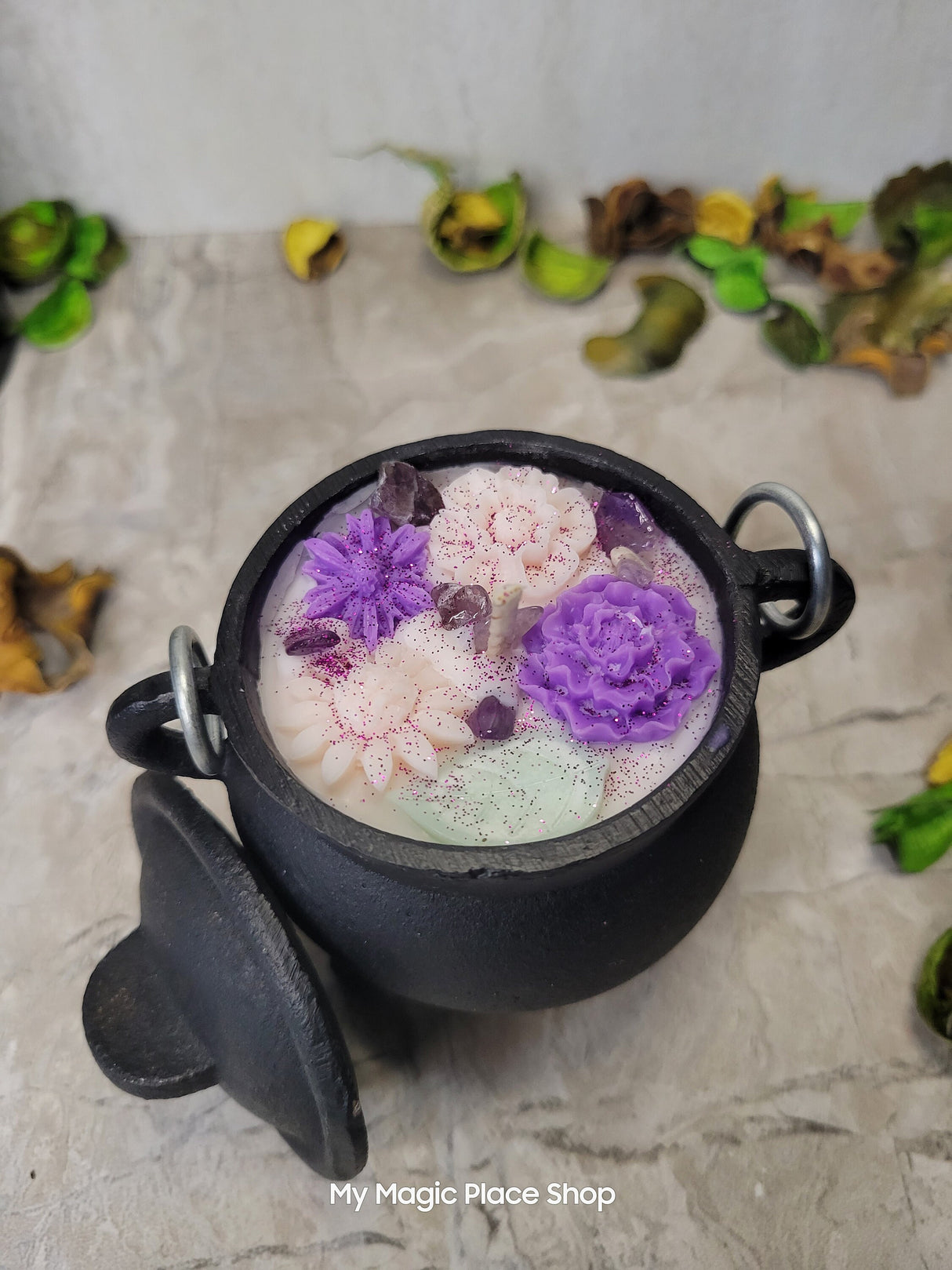 Ostara Cauldron with Flowers Soy candle, intention candle Sabbat Candle