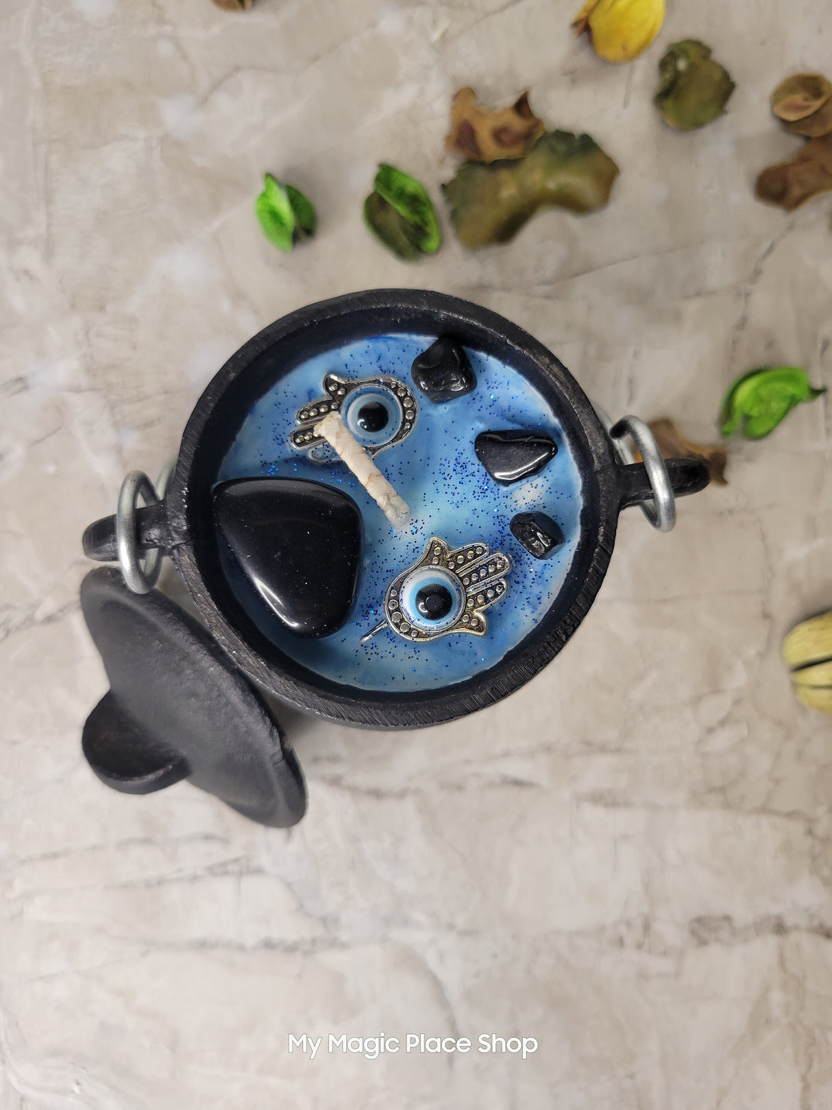 Evil Eye Soy Wax Candle Cauldron with Onyx Crystal Intention Candle Protection Candle