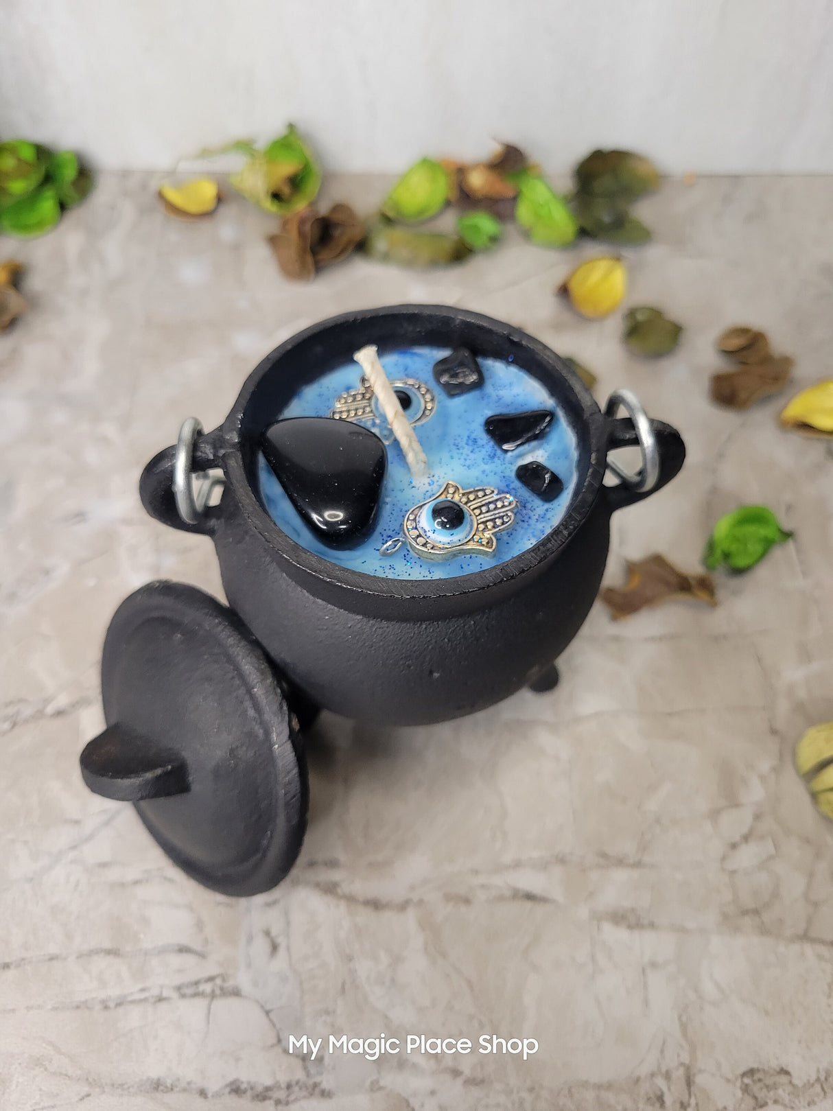 Evil Eye Soy Wax Candle Cauldron with Onyx Crystal Intention Candle Protection Candle