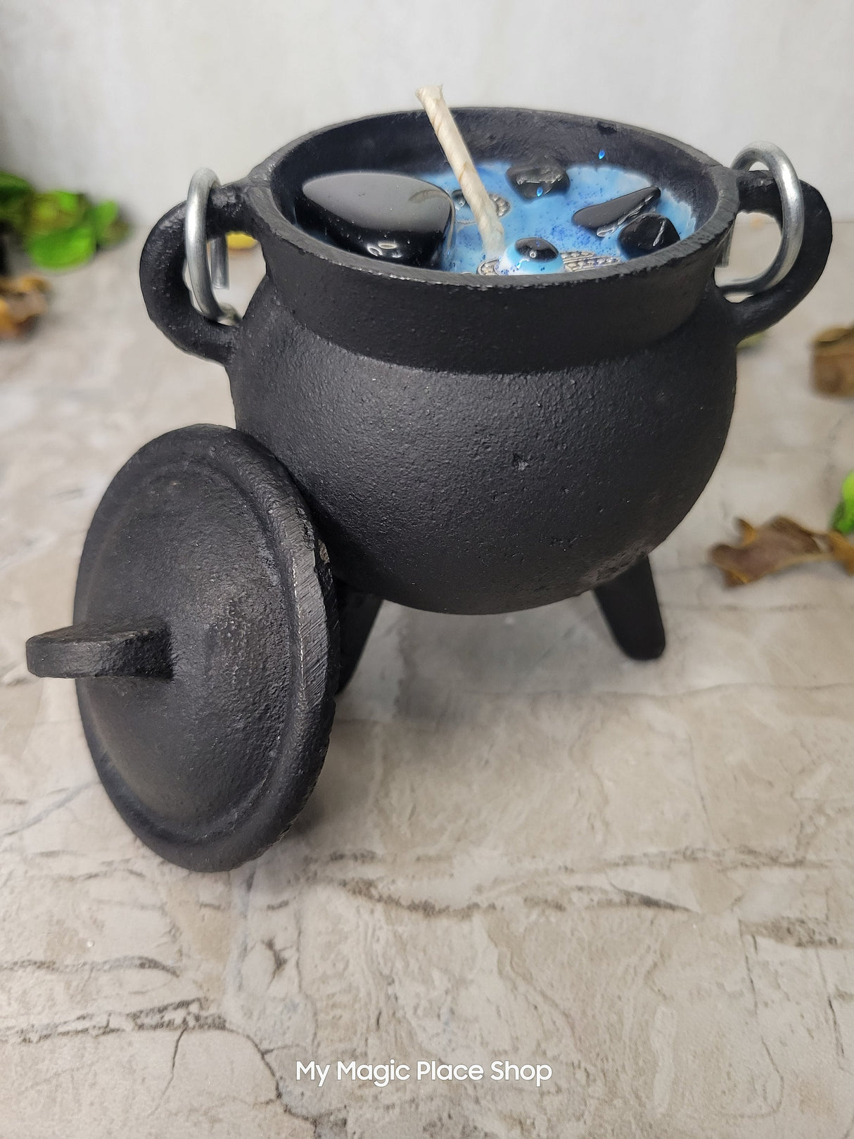 Evil Eye Soy Wax Candle Cauldron with Onyx Crystal Intention Candle Protection Candle