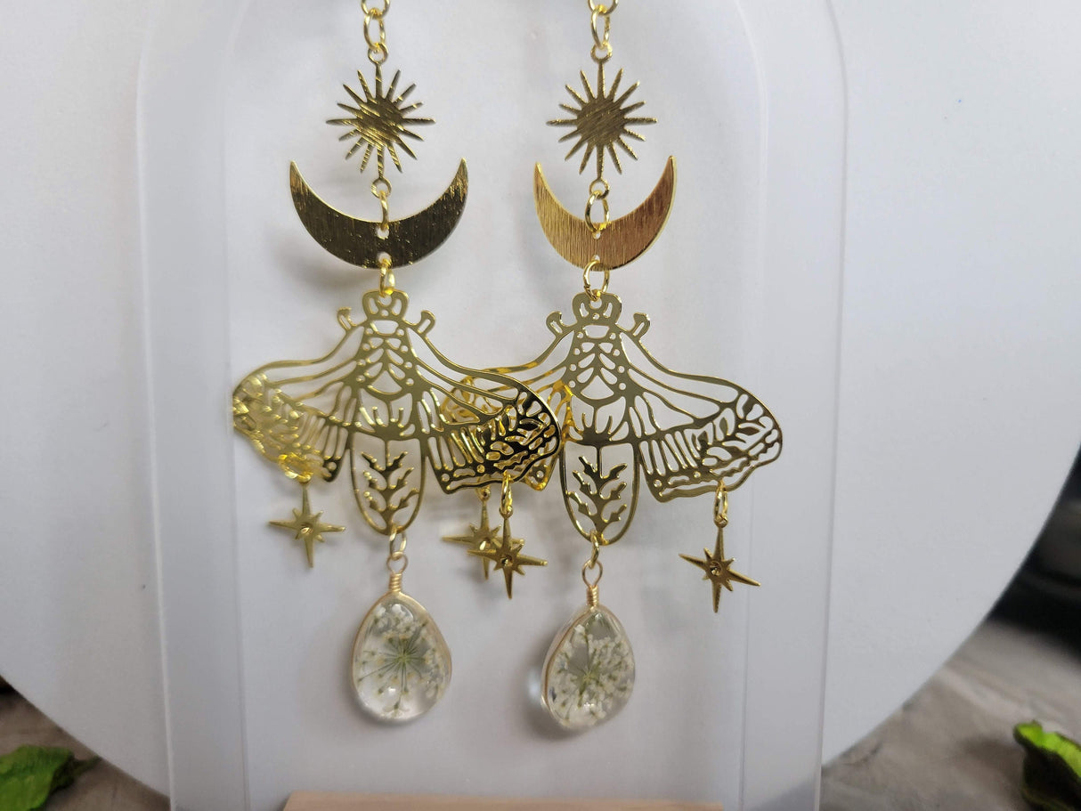 Moon Moth with Flower Pressed Stars Earrings, Celestial Earrings, Sun and Moon Moth earrings