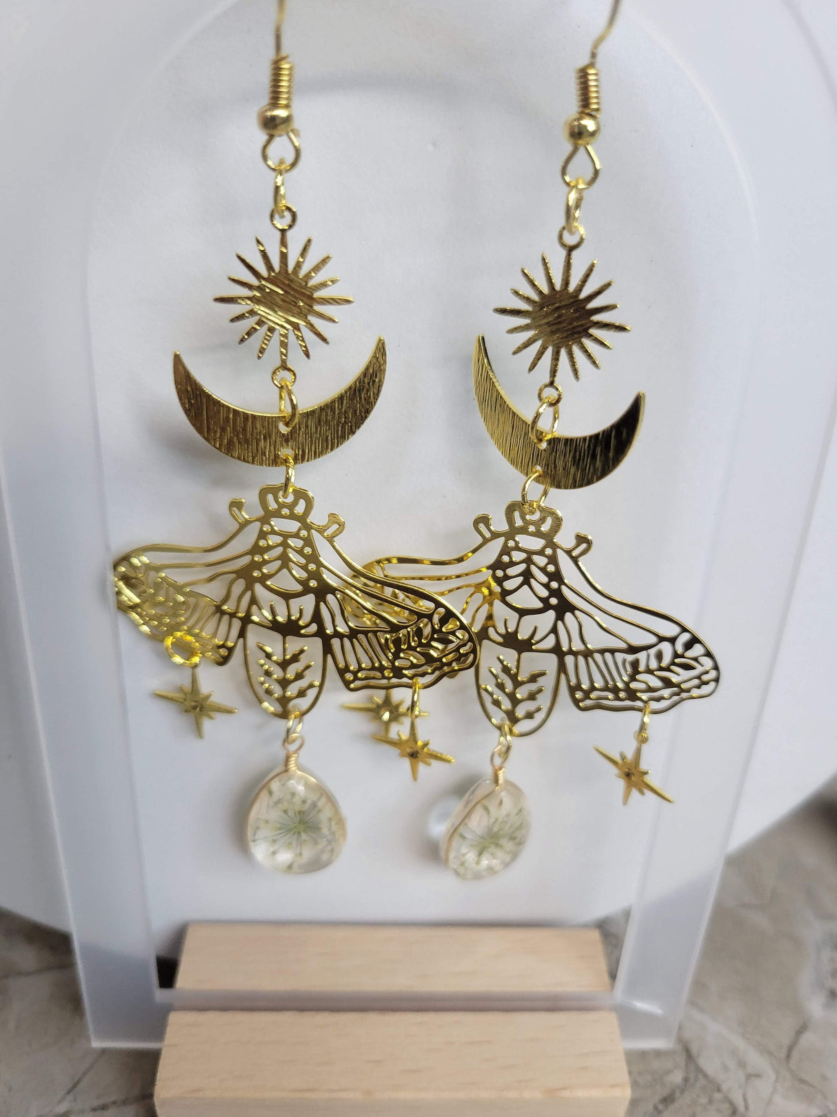 Moon Moth with Flower Pressed Stars Earrings, Celestial Earrings, Sun and Moon Moth earrings