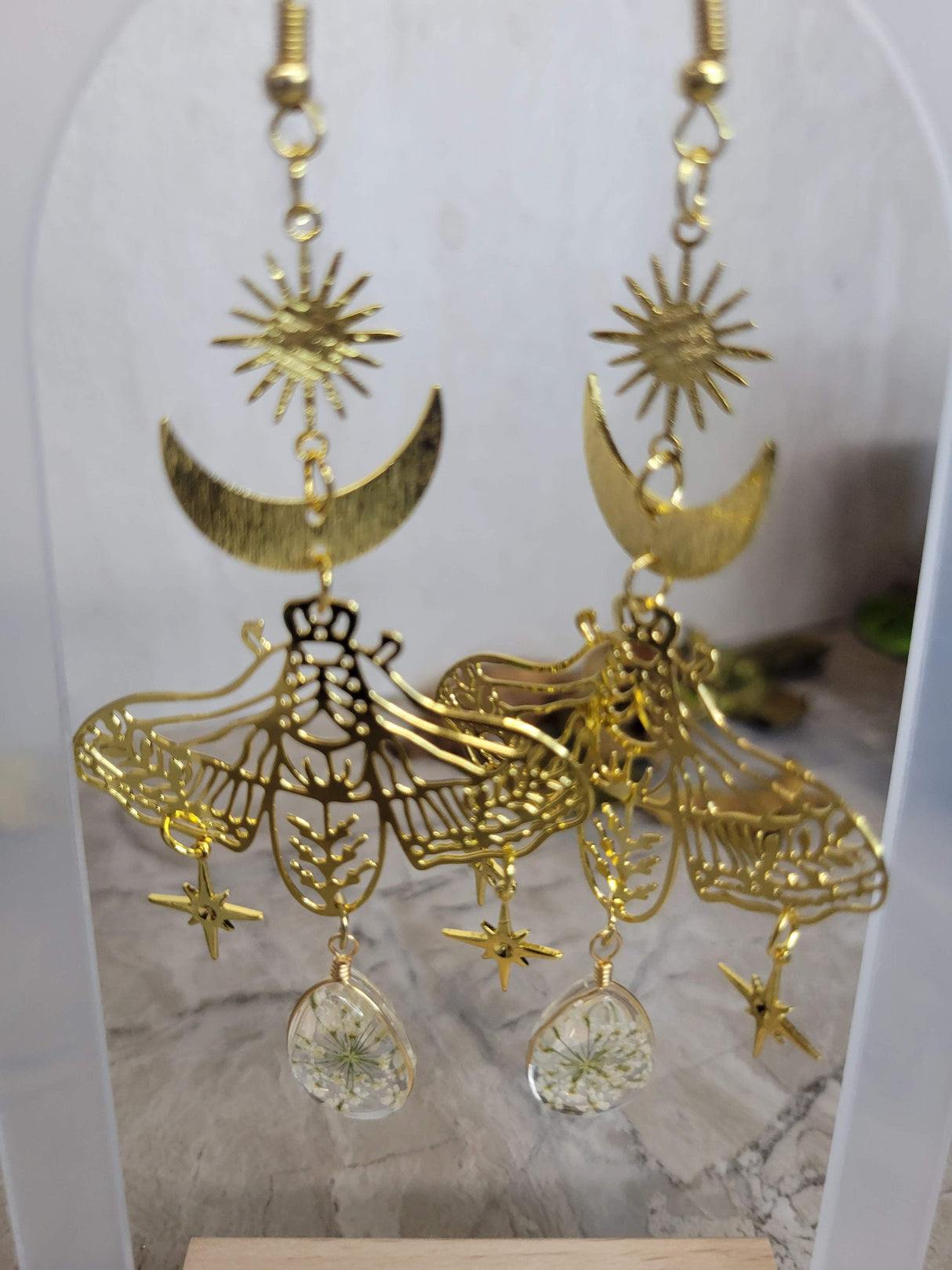 Moon Moth with Flower Pressed Stars Earrings, Celestial Earrings, Sun and Moon Moth earrings