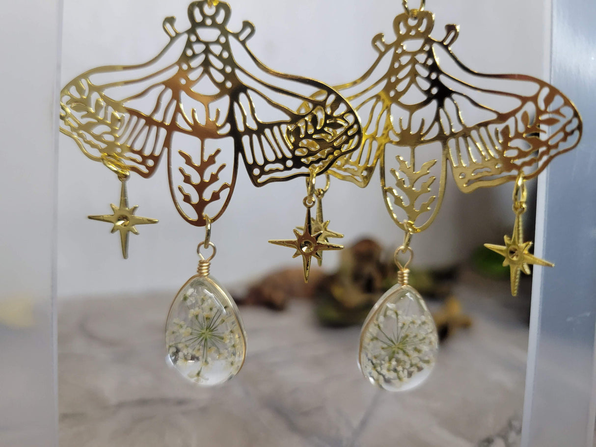 Moon Moth with Flower Pressed Stars Earrings, Celestial Earrings, Sun and Moon Moth earrings