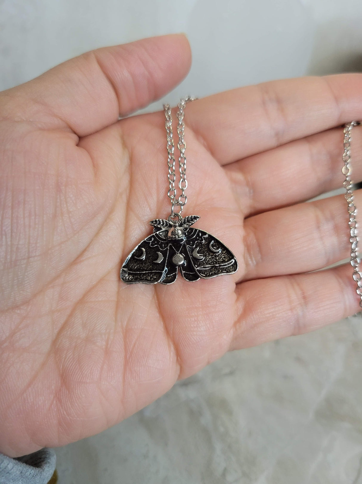 Moon Phase Moth Pendant Necklace, Gothic Jewelry, Antique Silver, Nature Lover Necklace