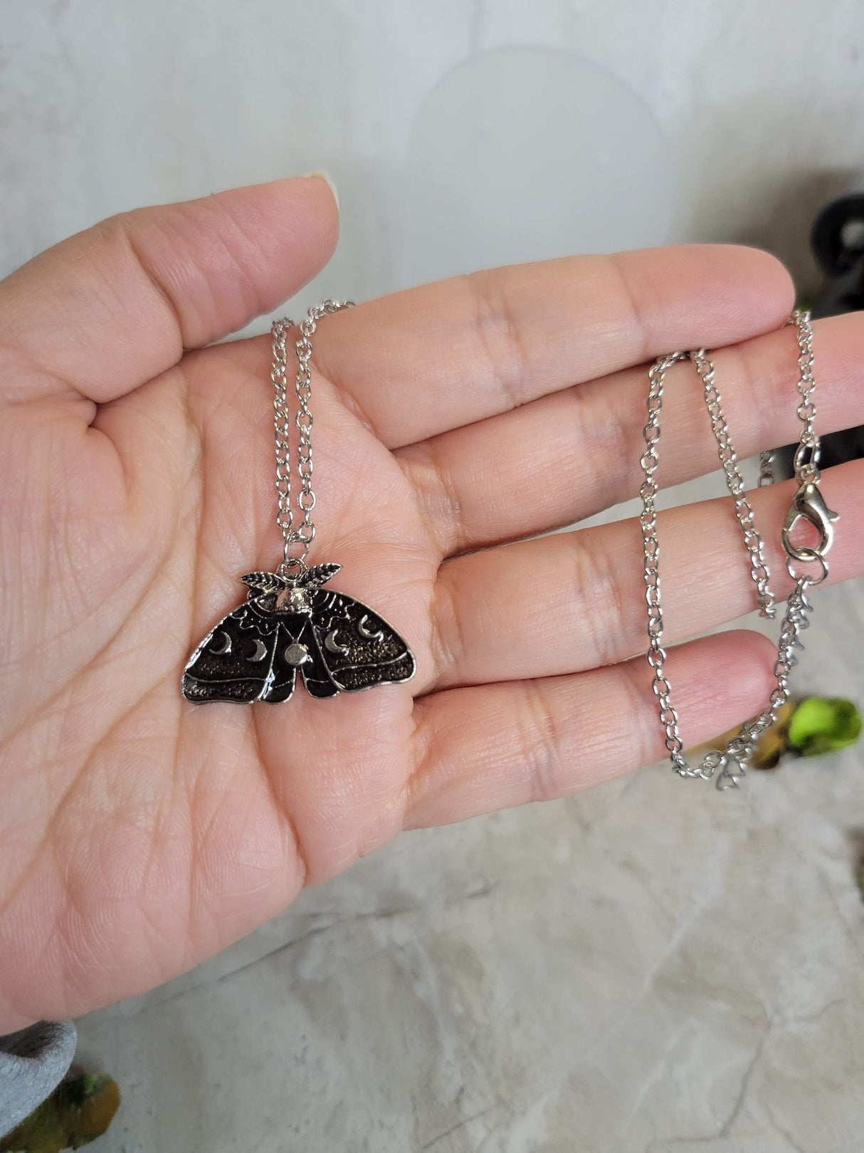 Moon Phase Moth Pendant Necklace, Gothic Jewelry, Antique Silver, Nature Lover Necklace