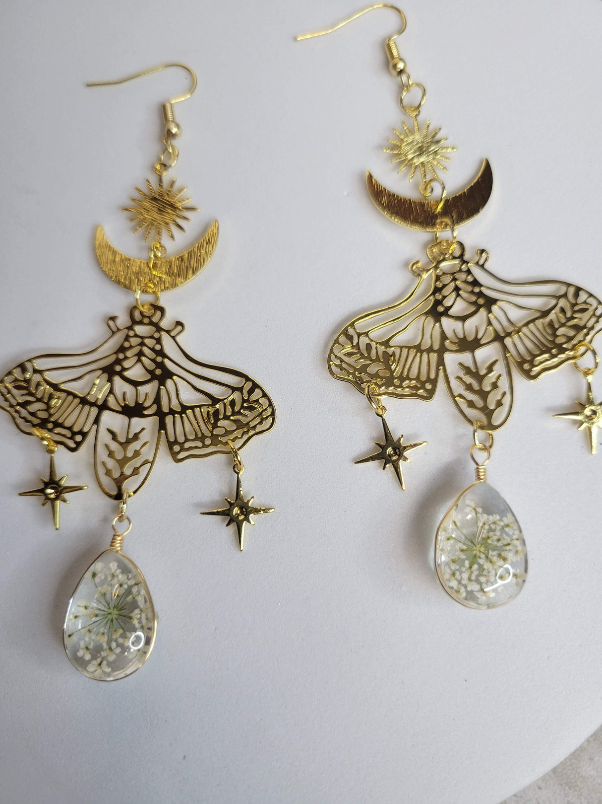 Moon Moth with Flower Pressed Stars Earrings, Celestial Earrings, Sun and Moon Moth earrings